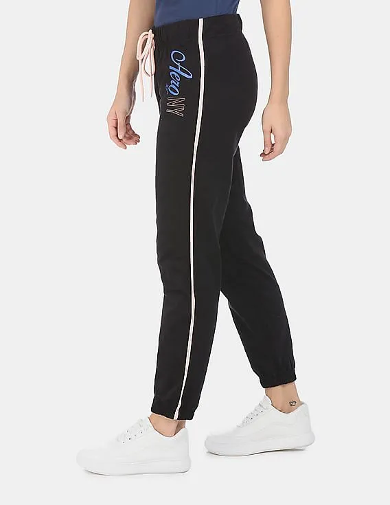 Aeropostale Women Black Mid Rise Brand Printed Joggers