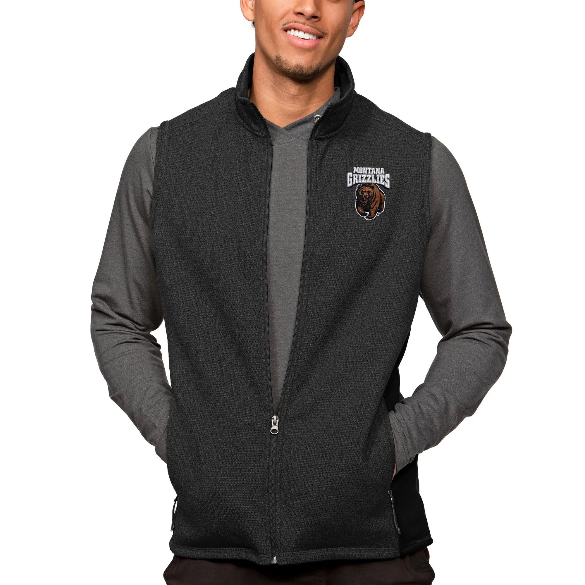 Antigua Montana Grizzlies Heather Black Course Full-Zip Vest