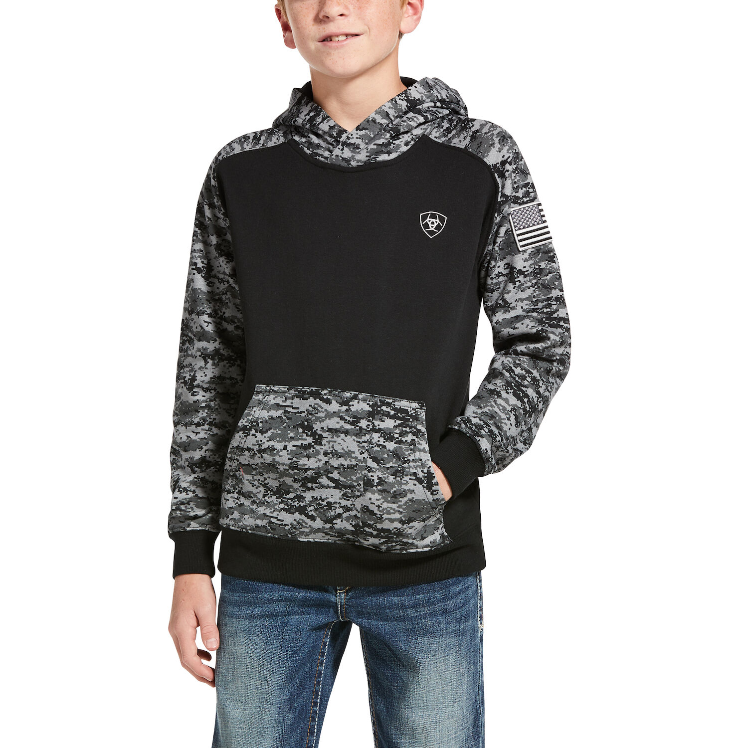 Ariat Boy's Patriot Hoodie in Black Digi Camo