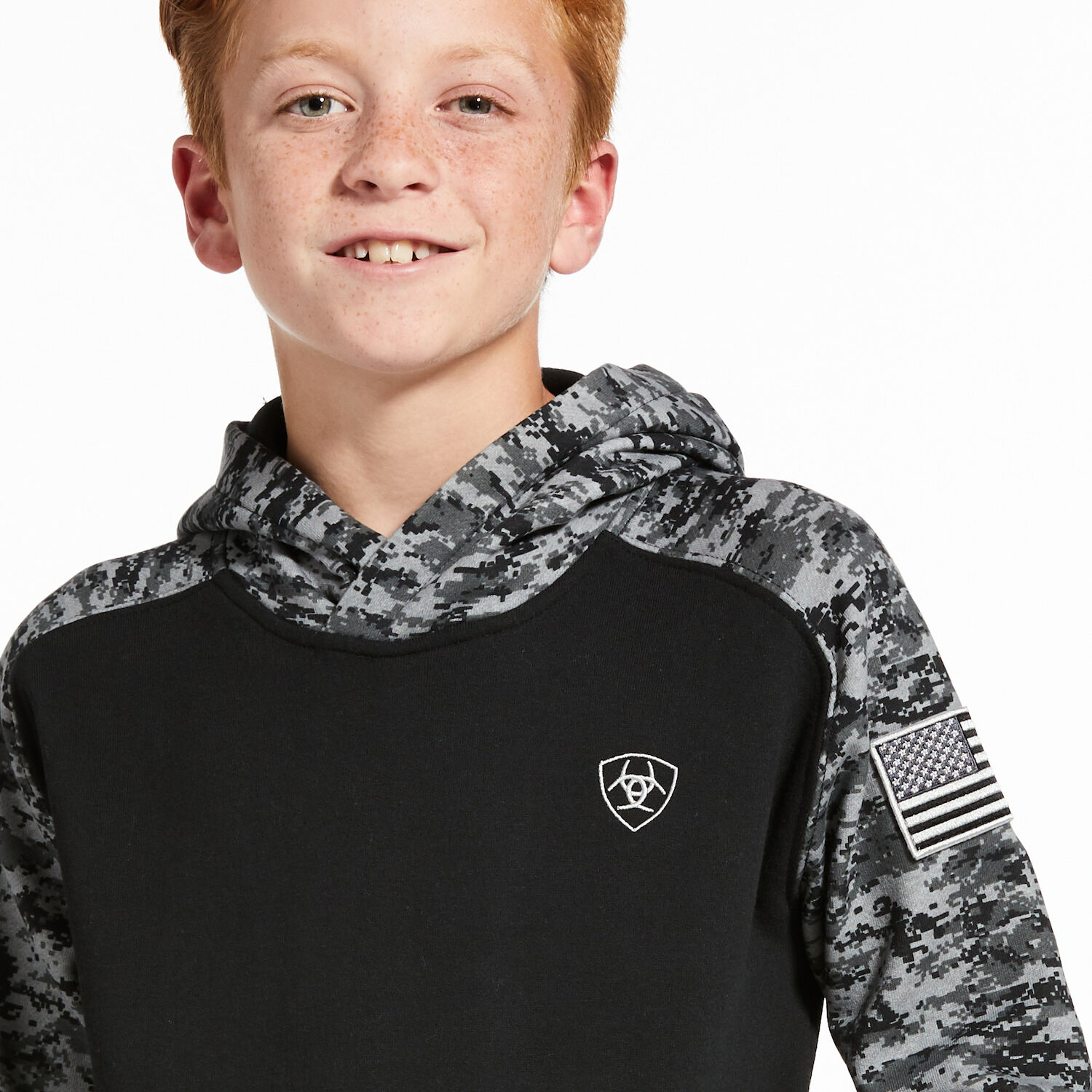 Ariat Boy's Patriot Hoodie in Black Digi Camo