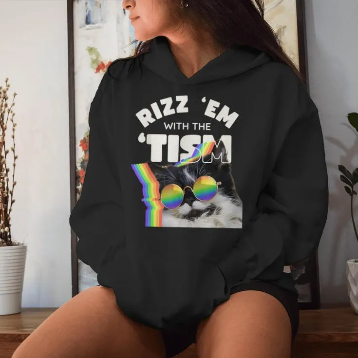 Autism Rizz Em With The Tism Meme Autistic Cat Rainbow Women Hoodie