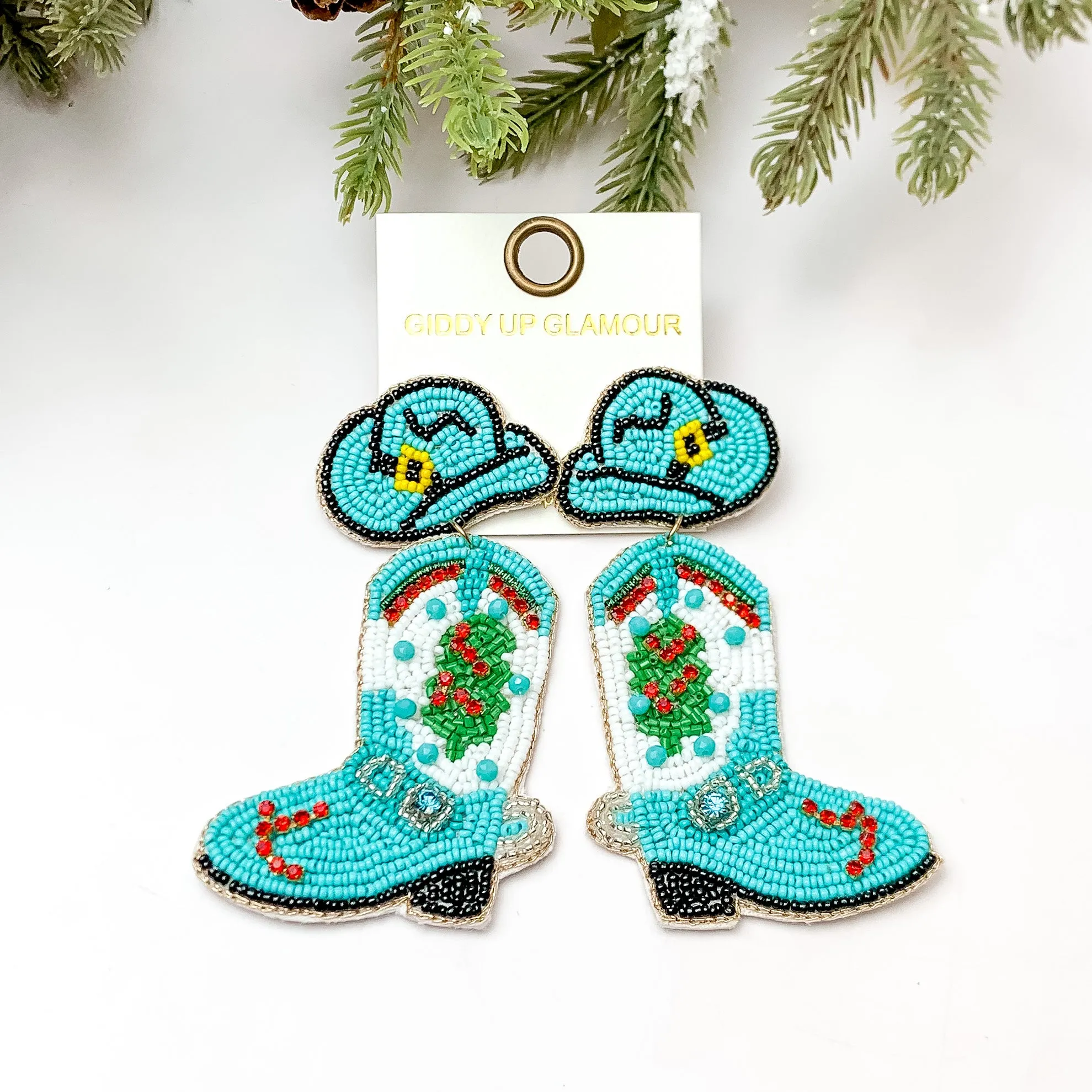 Beaded Cowboy Hat and Boot Earrings with a Christmas Tree in Turquoise Blue