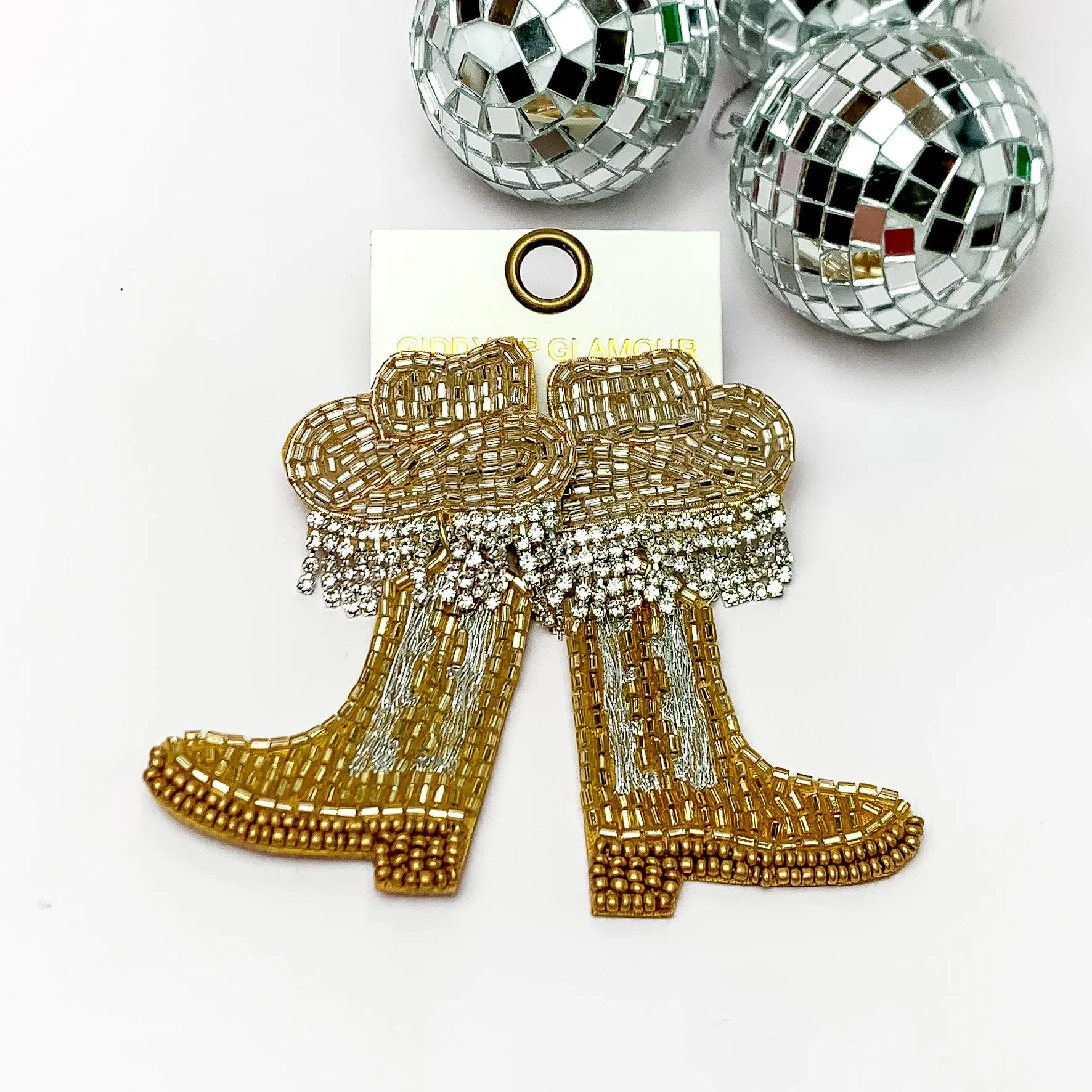 Beaded Cowboy Hat and Boot Earrings with Clear Crystal Fringe in Gold