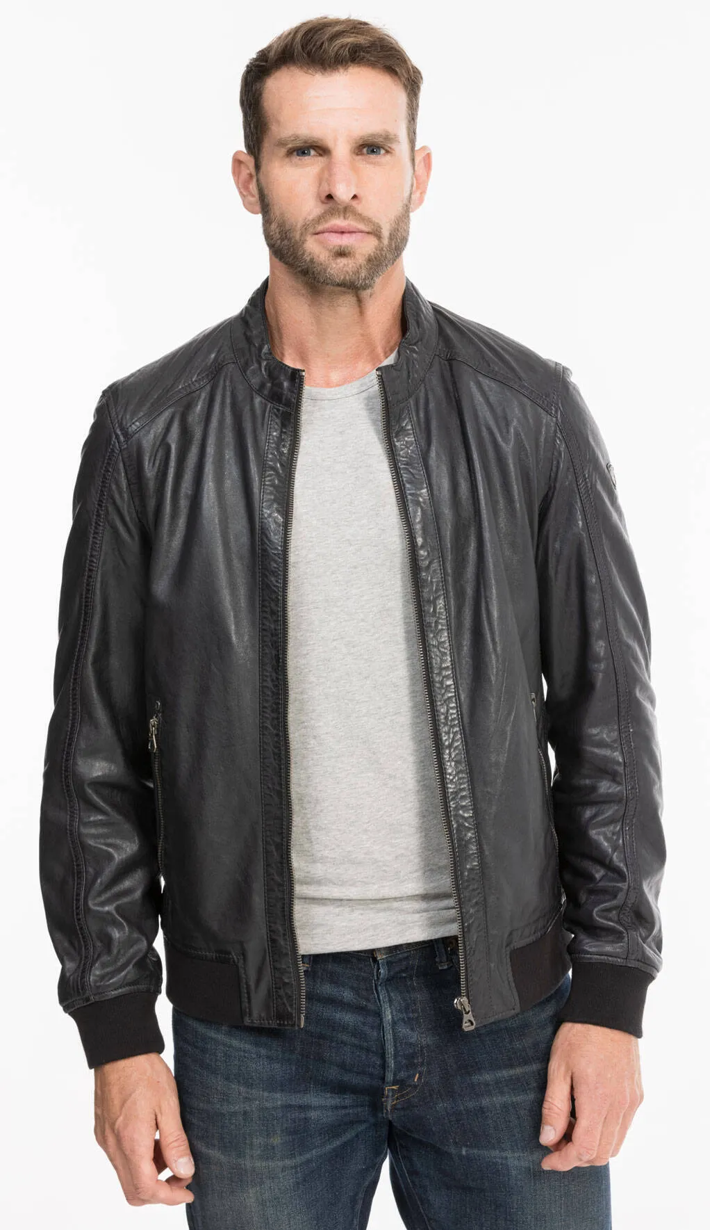 Black / blue men's leather jacket teddy style 13208