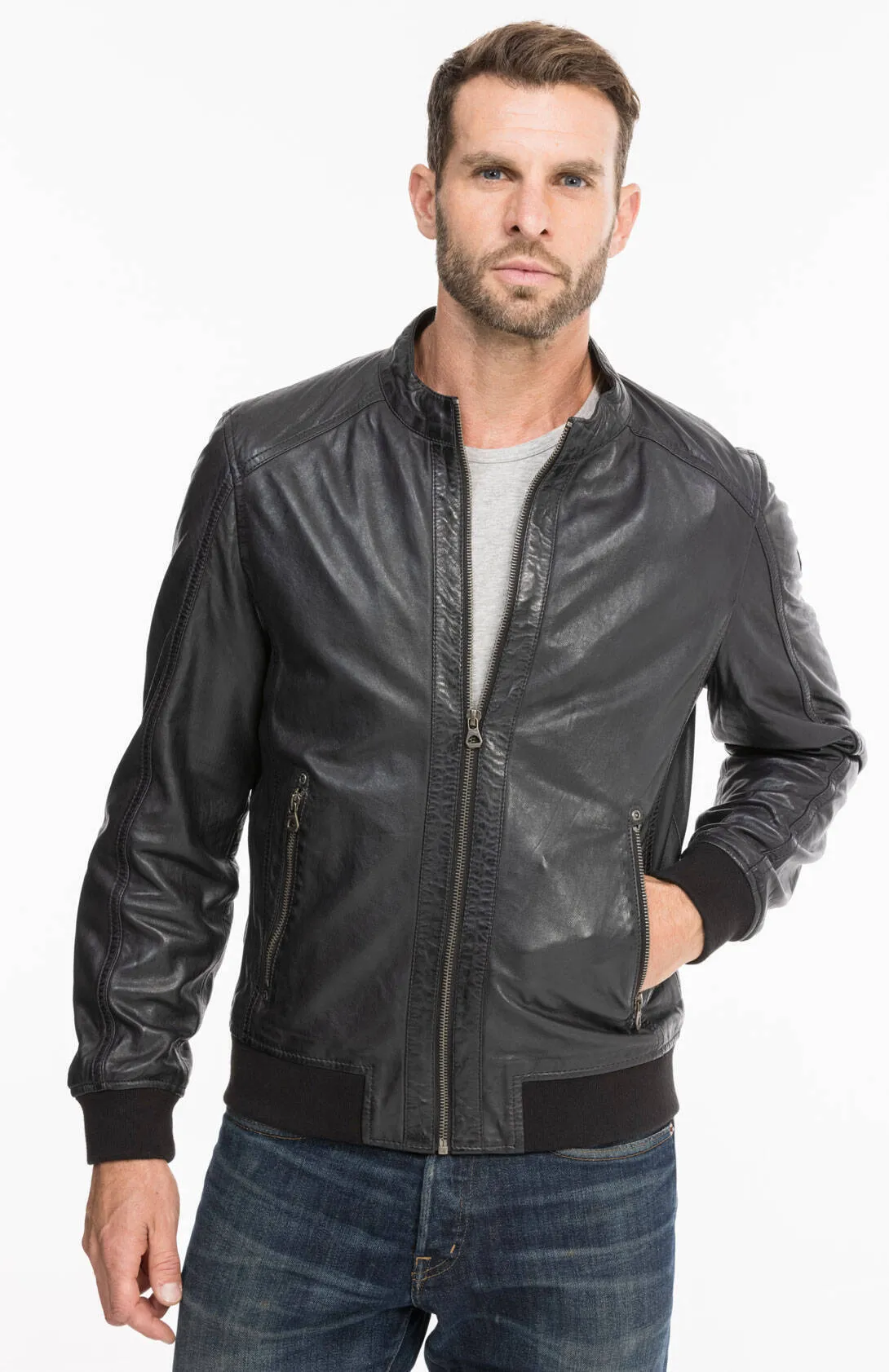 Black / blue men's leather jacket teddy style 13208