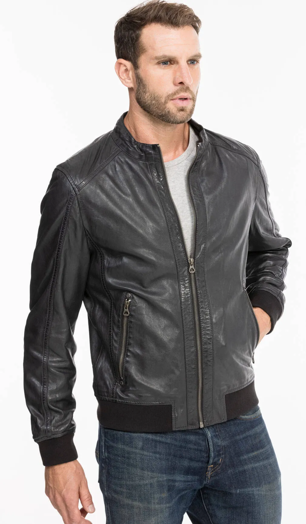 Black / blue men's leather jacket teddy style 13208