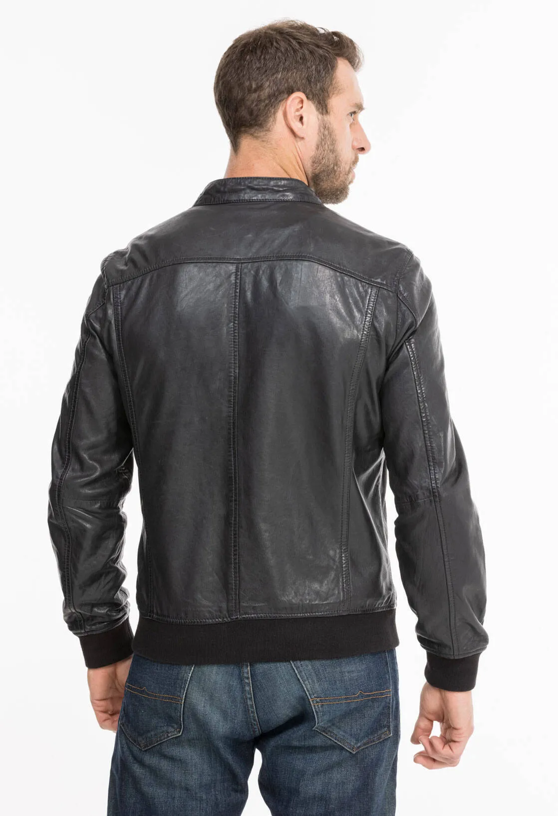 Black / blue men's leather jacket teddy style 13208