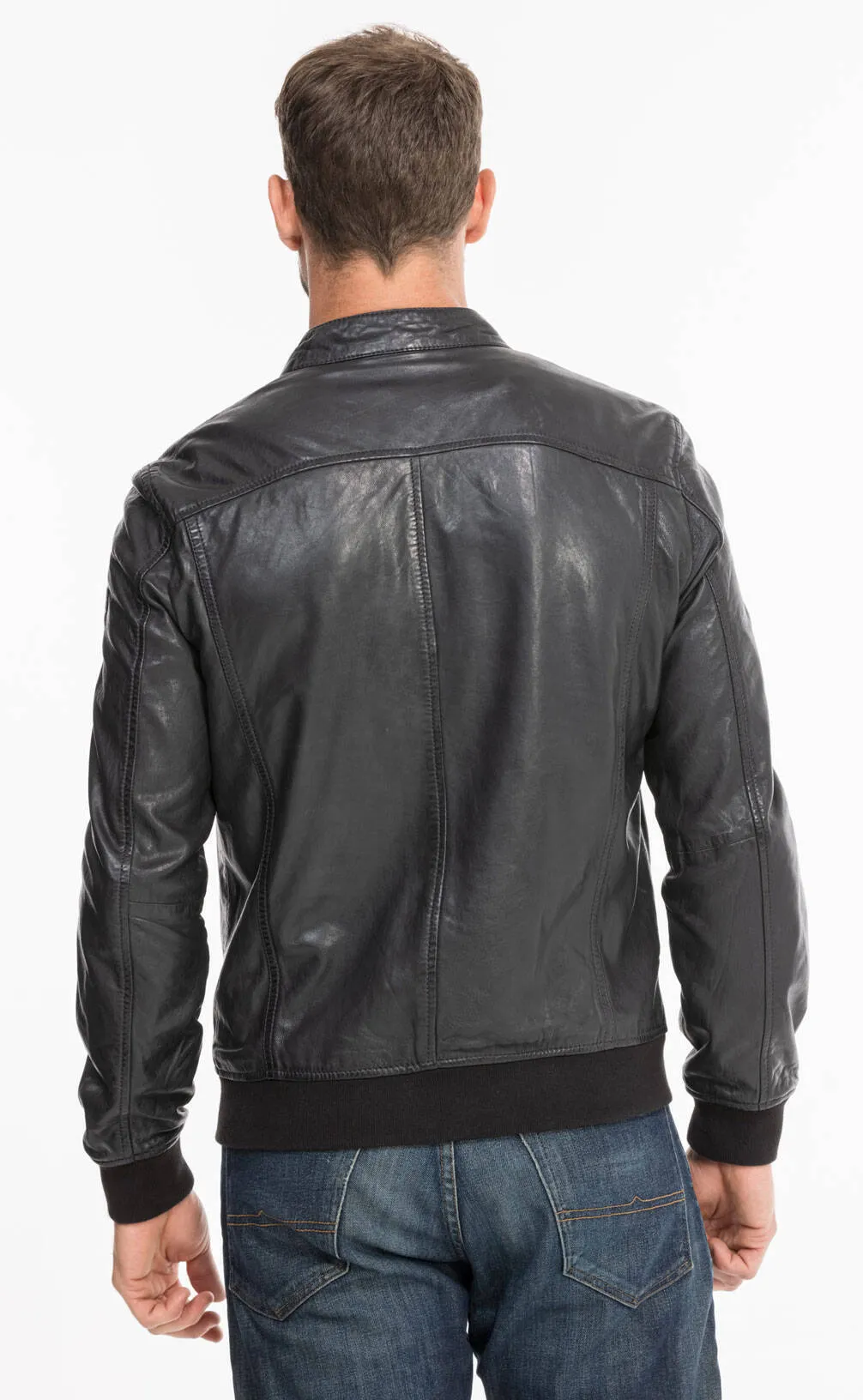 Black / blue men's leather jacket teddy style 13208