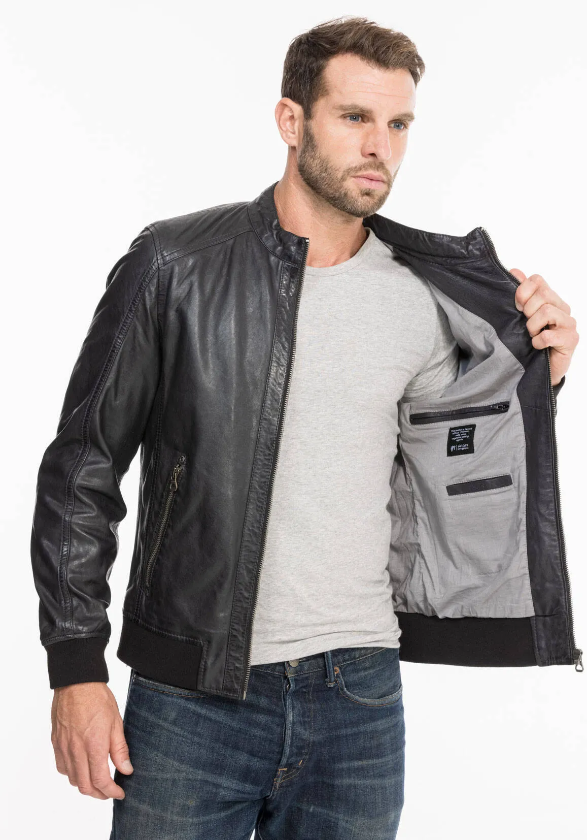 Black / blue men's leather jacket teddy style 13208