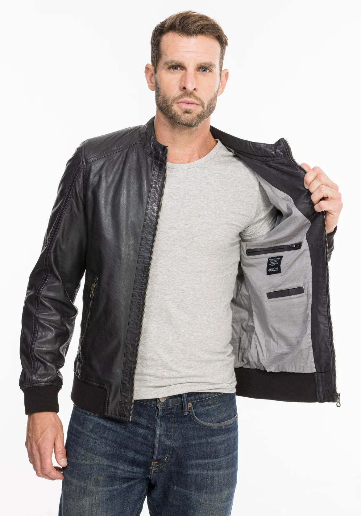 Black / blue men's leather jacket teddy style 13208