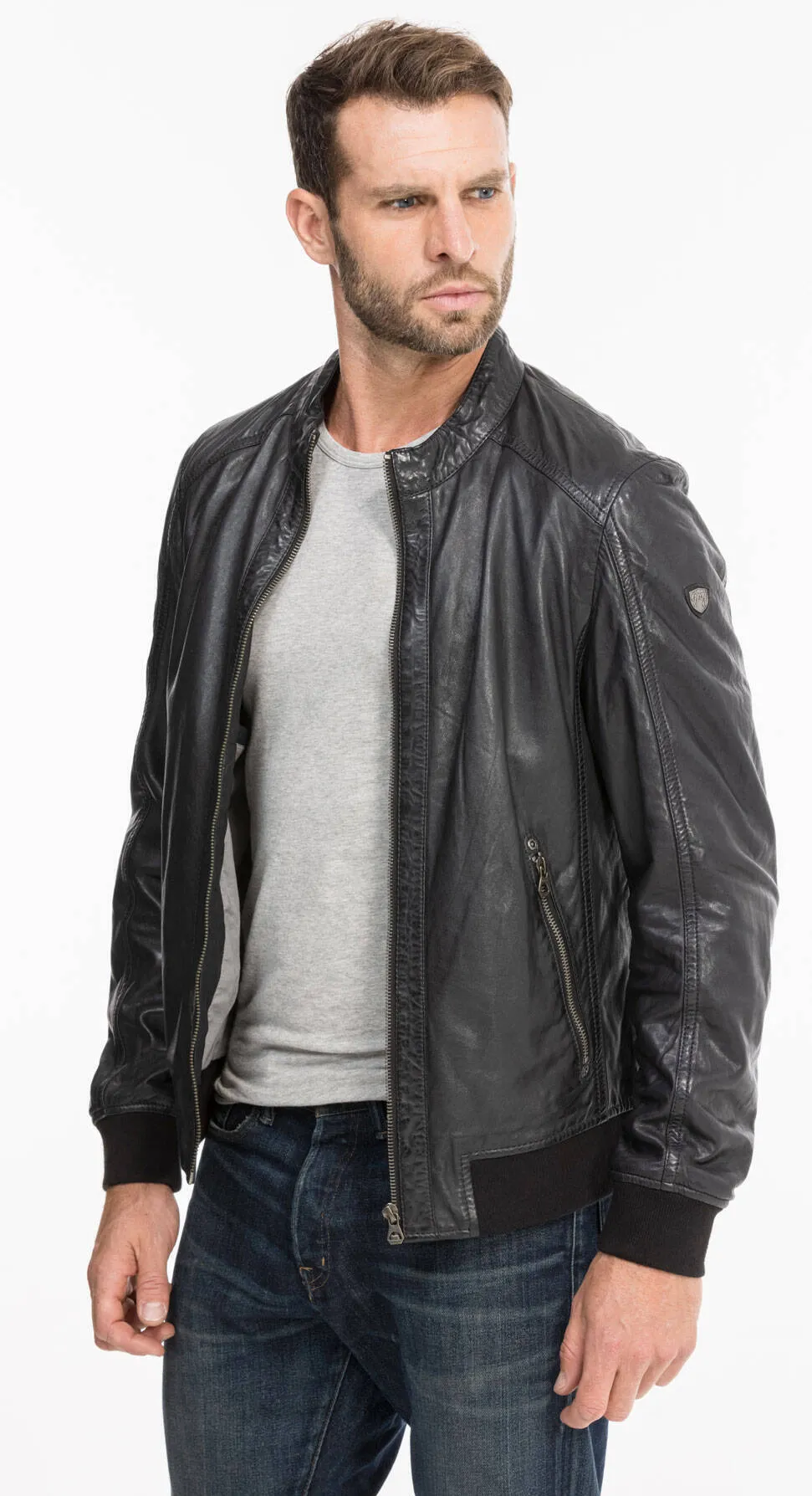 Black / blue men's leather jacket teddy style 13208