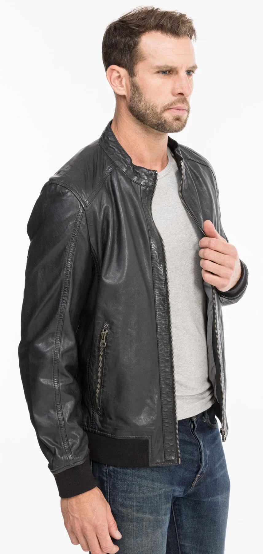 Black / blue men's leather jacket teddy style 13208