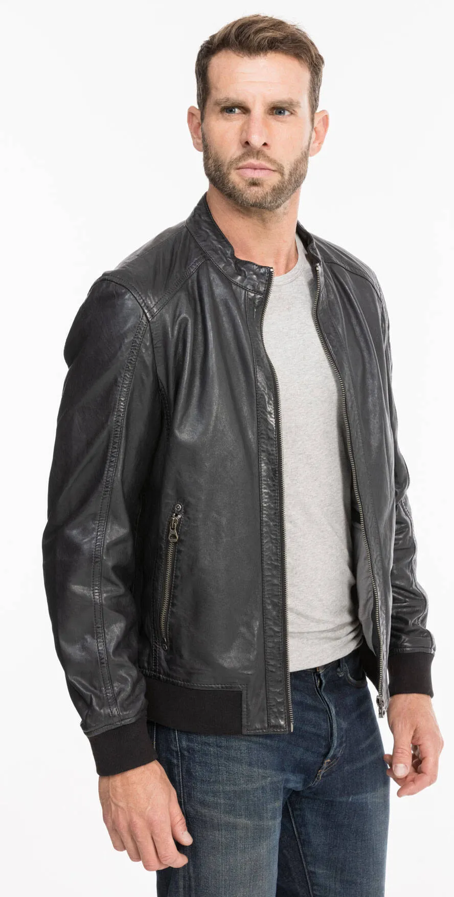 Black / blue men's leather jacket teddy style 13208