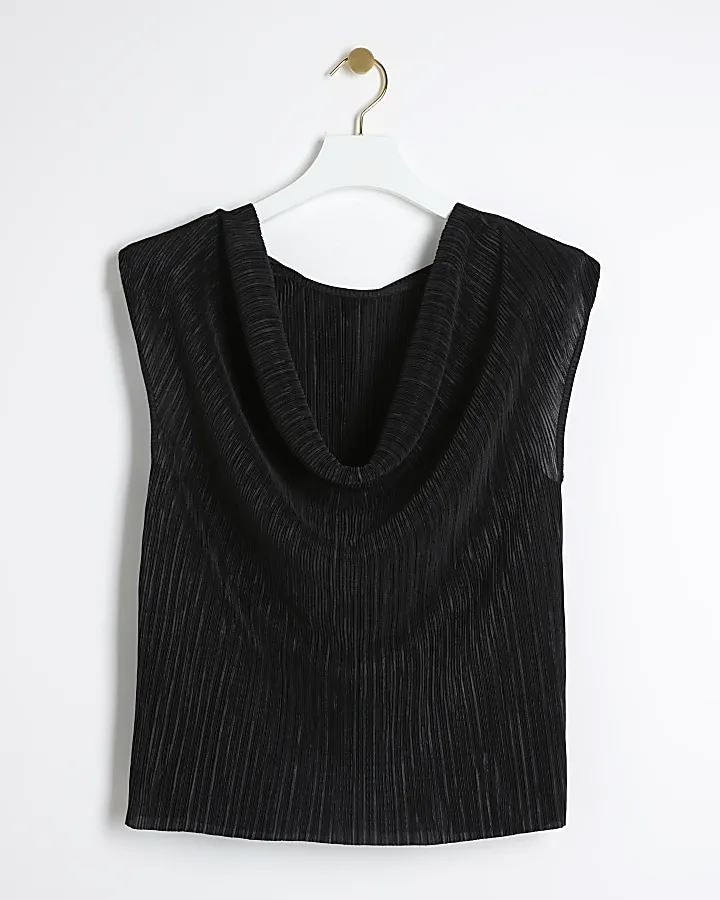 Black plisse cowl back vest top