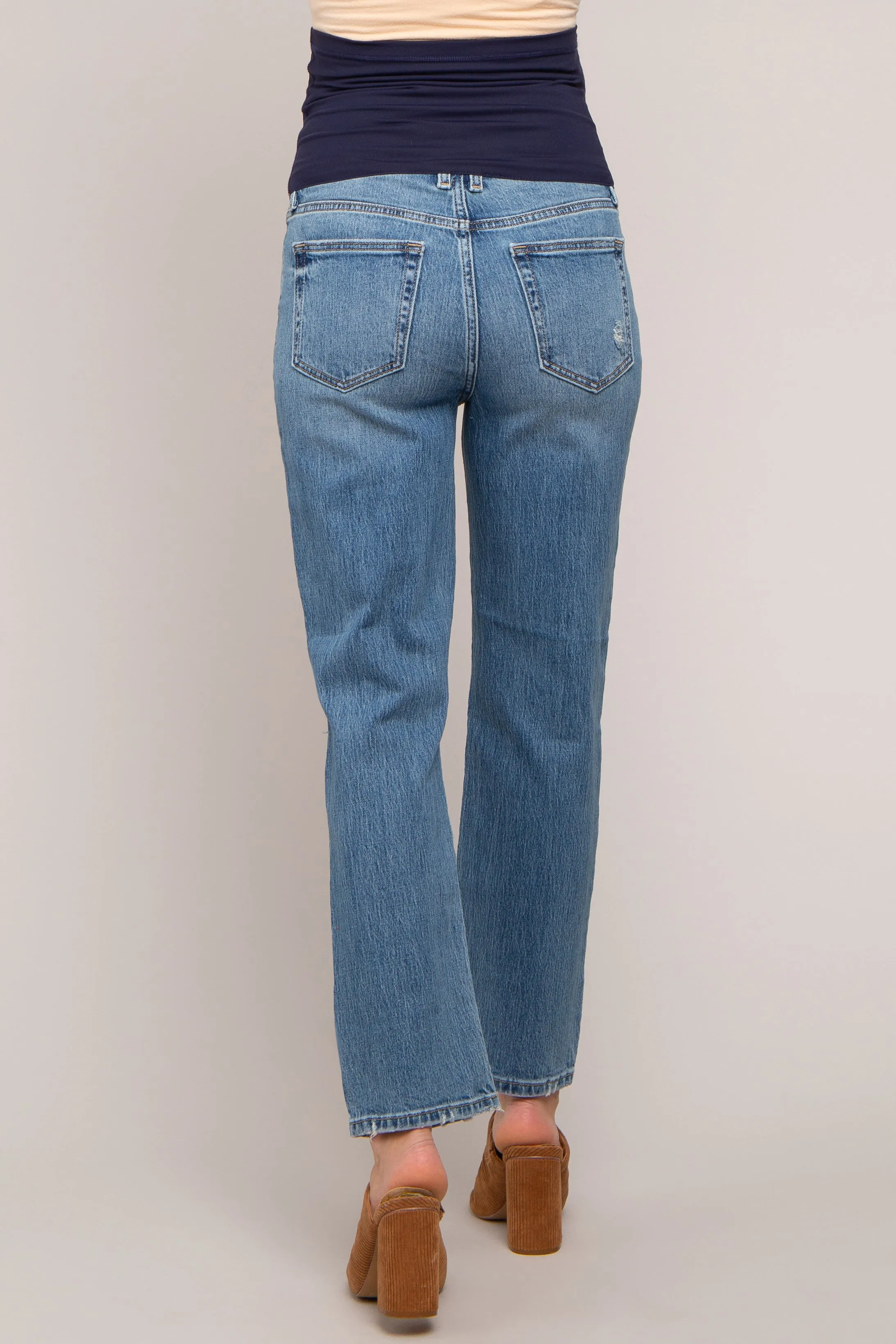 Blue Distressed Straight Leg Maternity Jeans