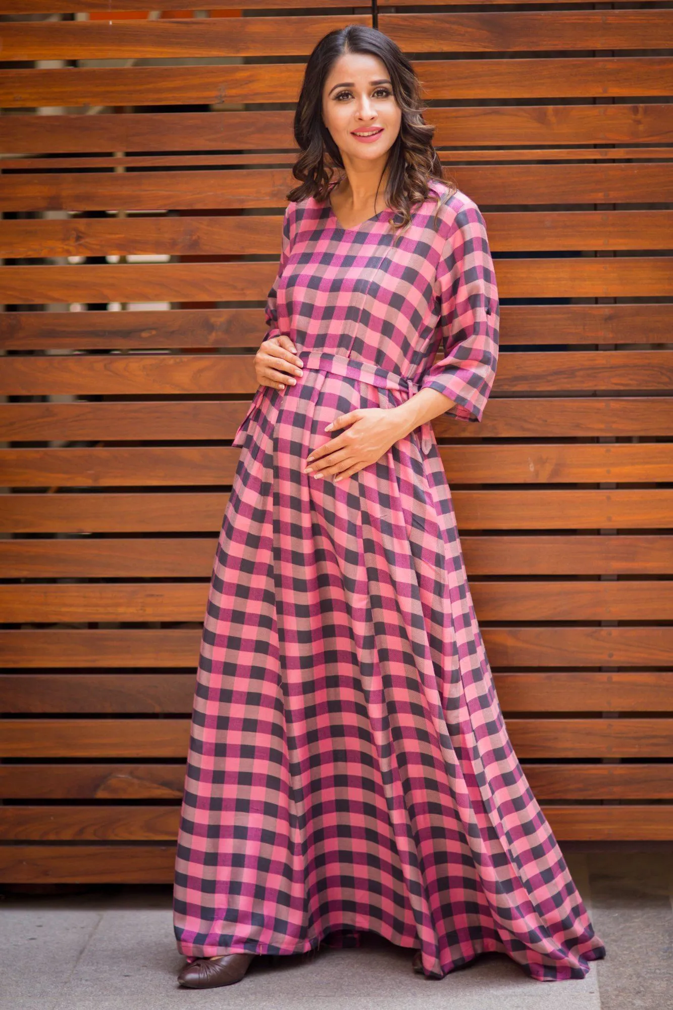 Bubblegum Plaid Maternity & Nursing Maxi Dress