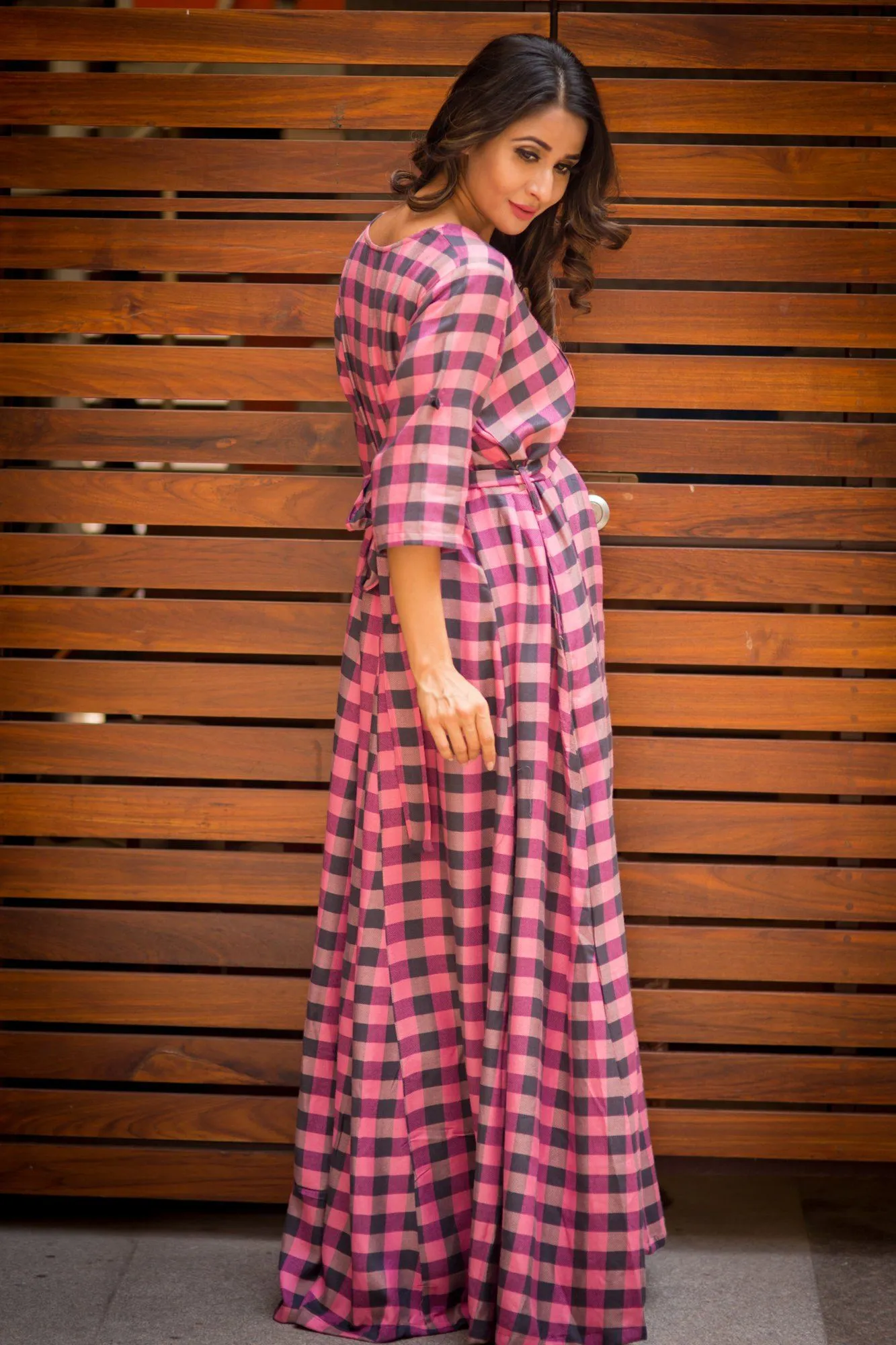 Bubblegum Plaid Maternity & Nursing Maxi Dress