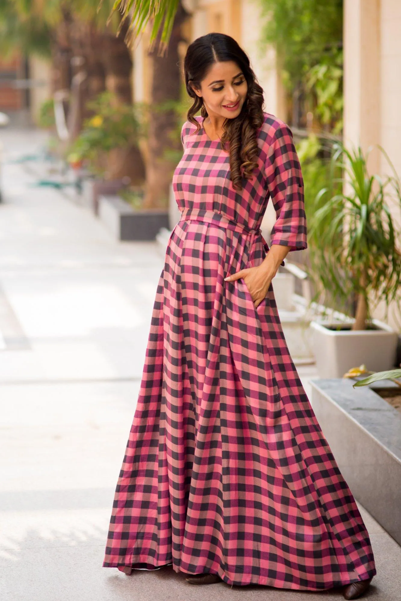 Bubblegum Plaid Maternity & Nursing Maxi Dress