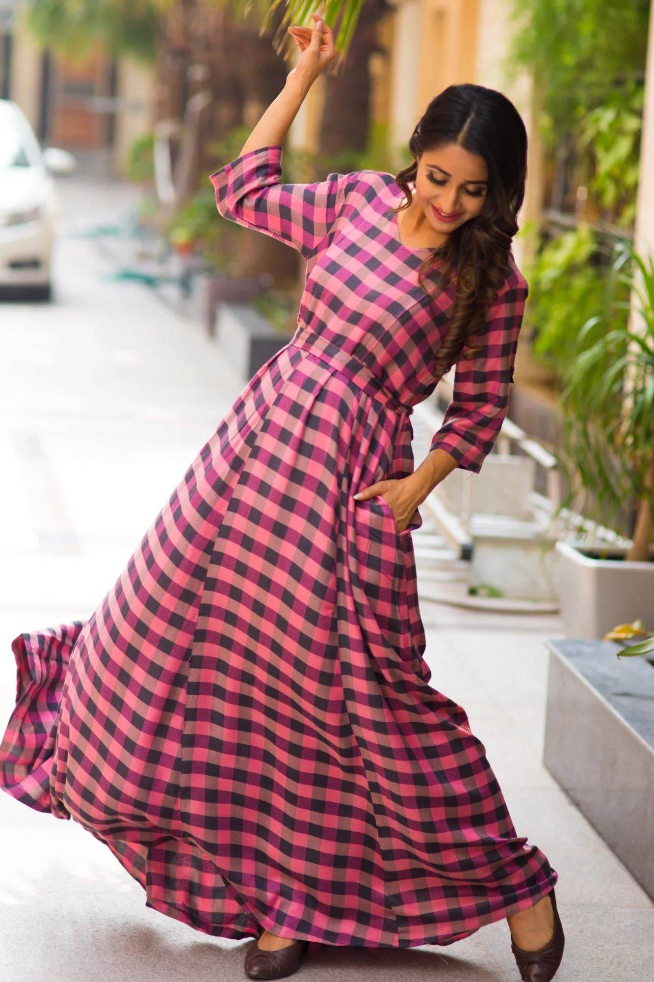 Bubblegum Plaid Maternity & Nursing Maxi Dress