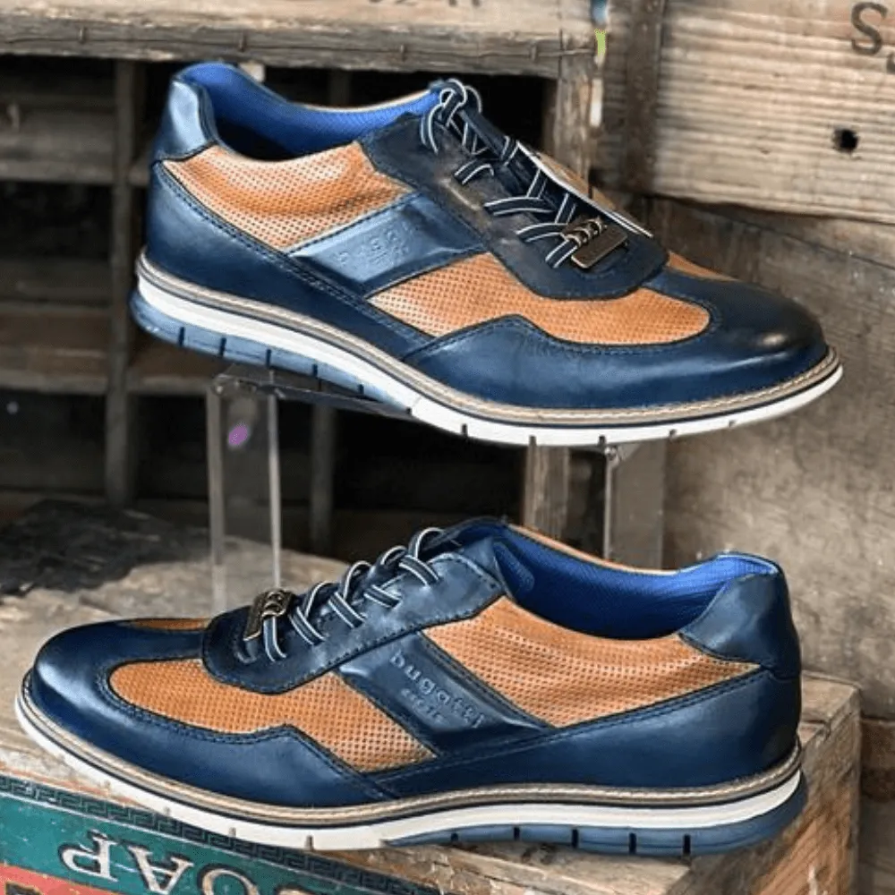 Bugatti Solar Exko Leather Trainers in Navy and Tan