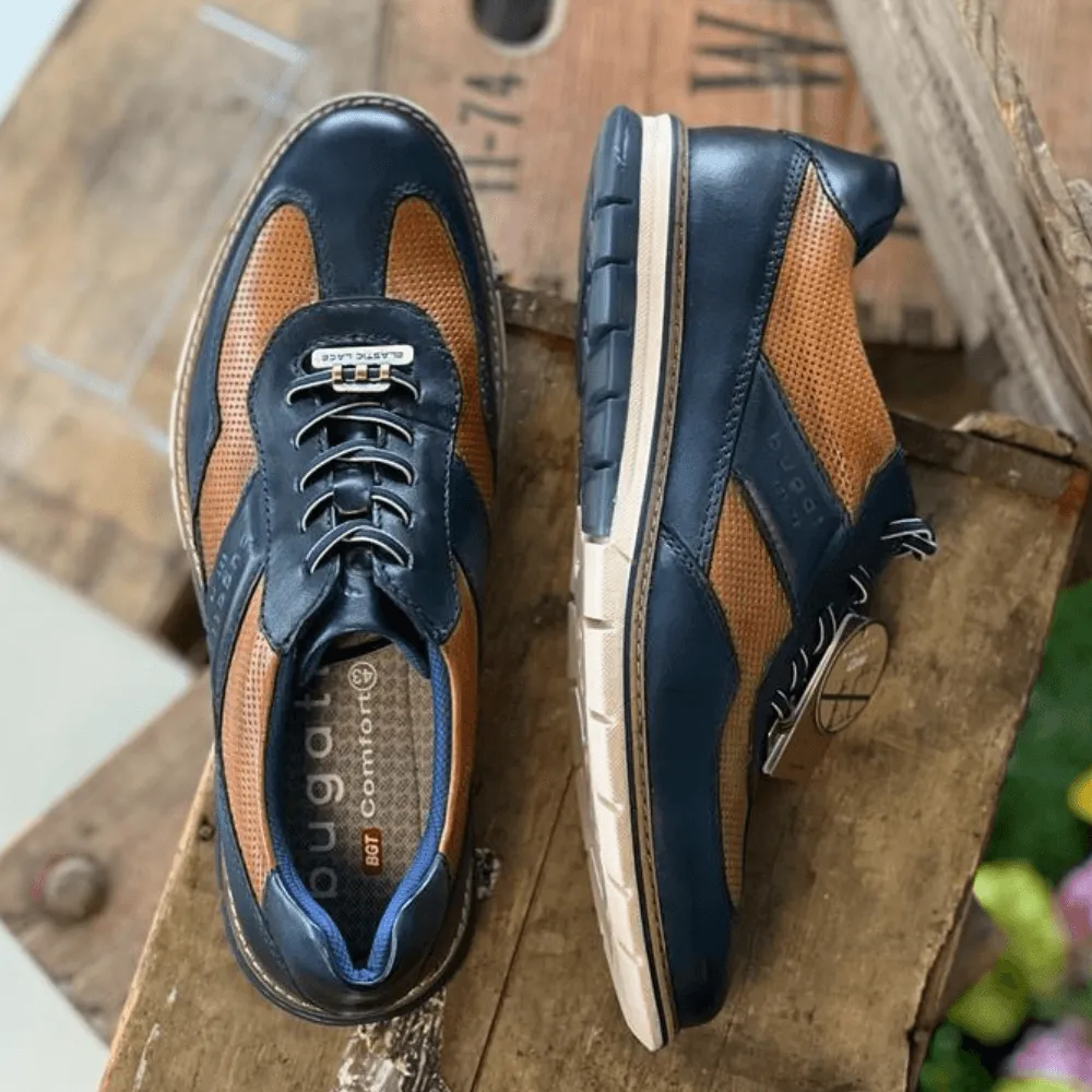 Bugatti Solar Exko Leather Trainers in Navy and Tan