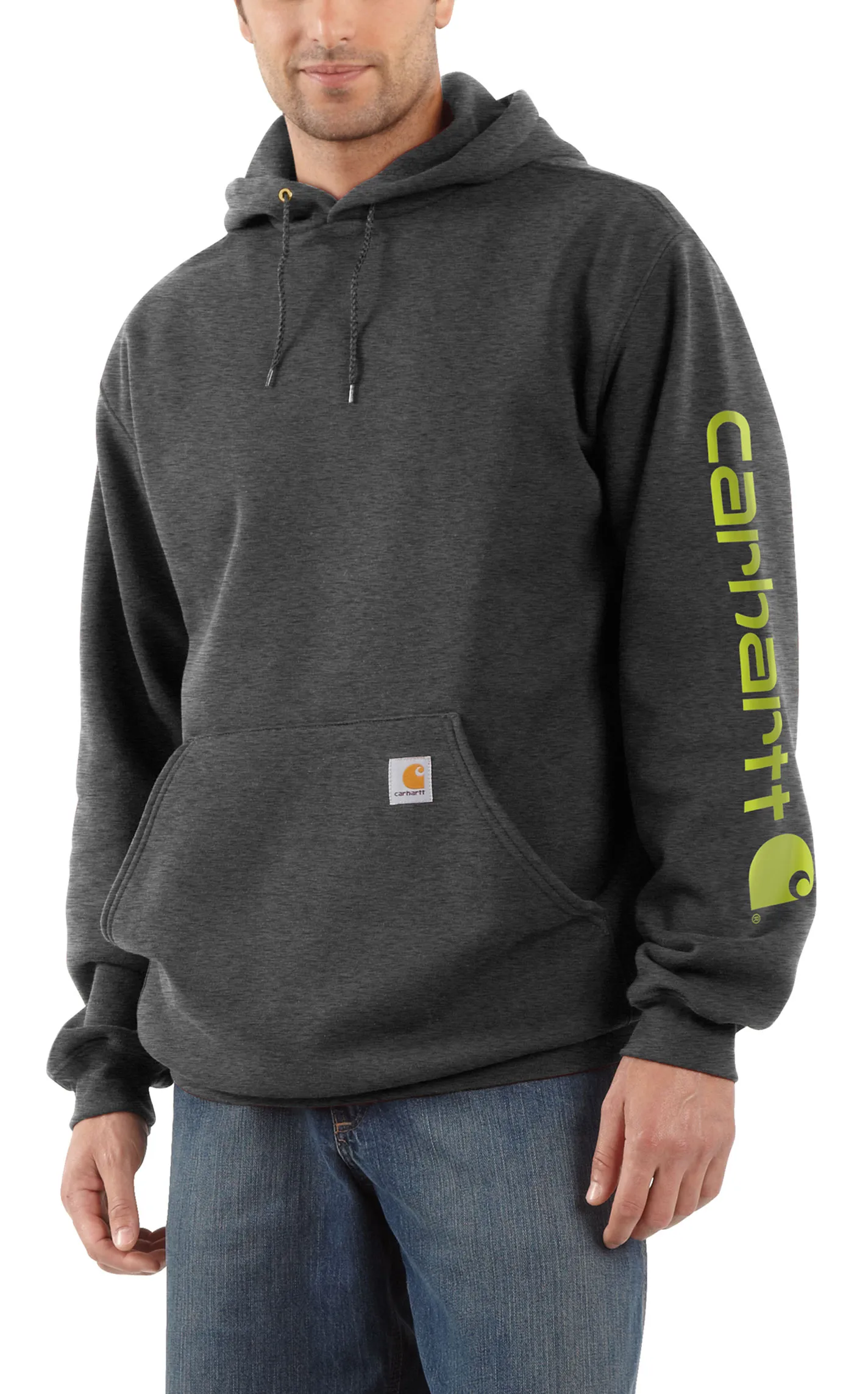 Carhartt Men's Dark Grey & Lime Logo Graphic Sleeve Work Hoodie