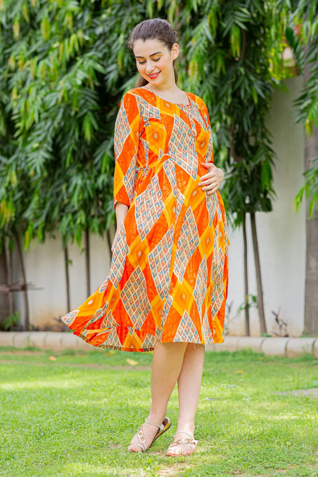 Cinnamon Patterned Maternity & Nursing Kurta Dress