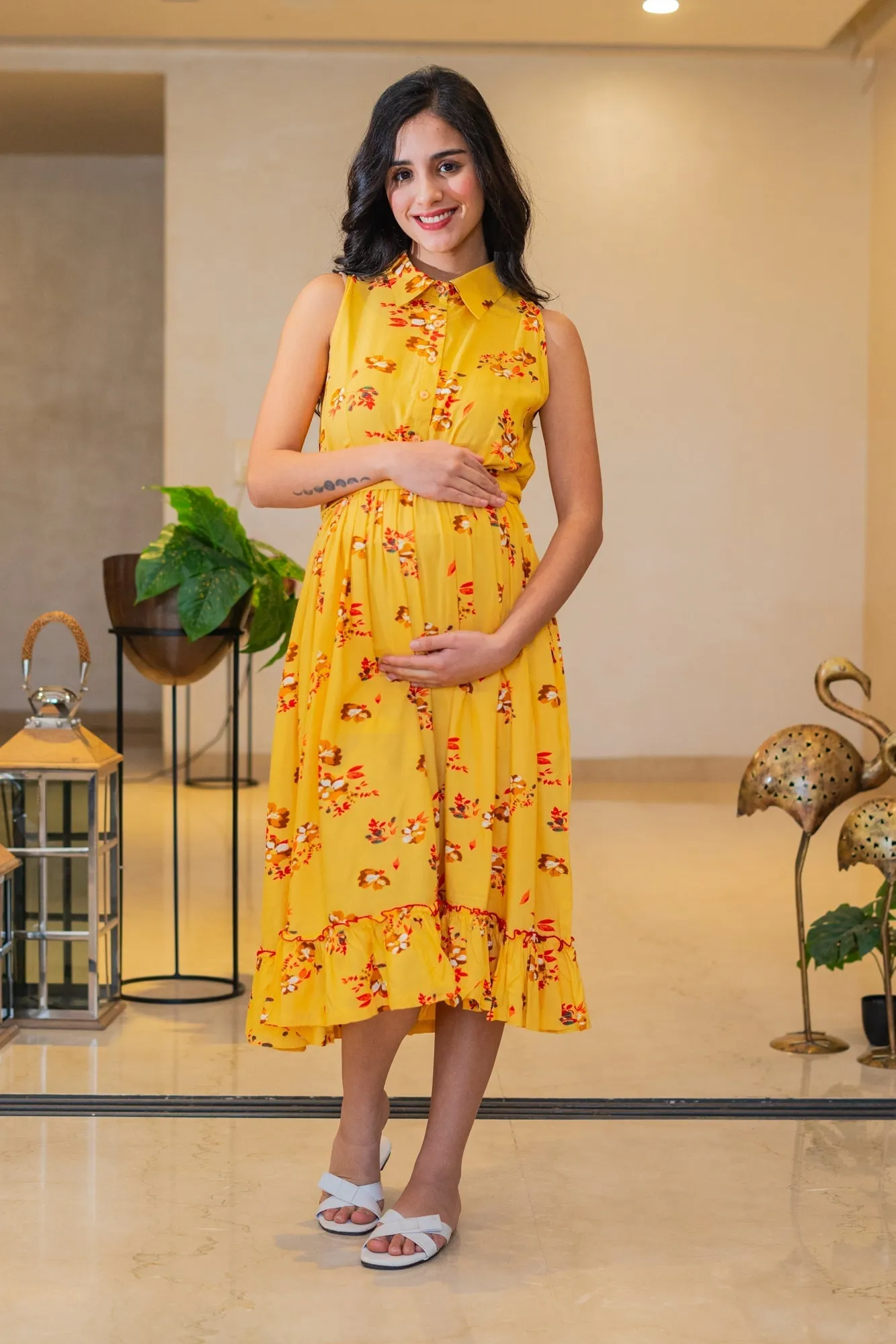 Classic Saffron Maternity & Nursing Frill Dress