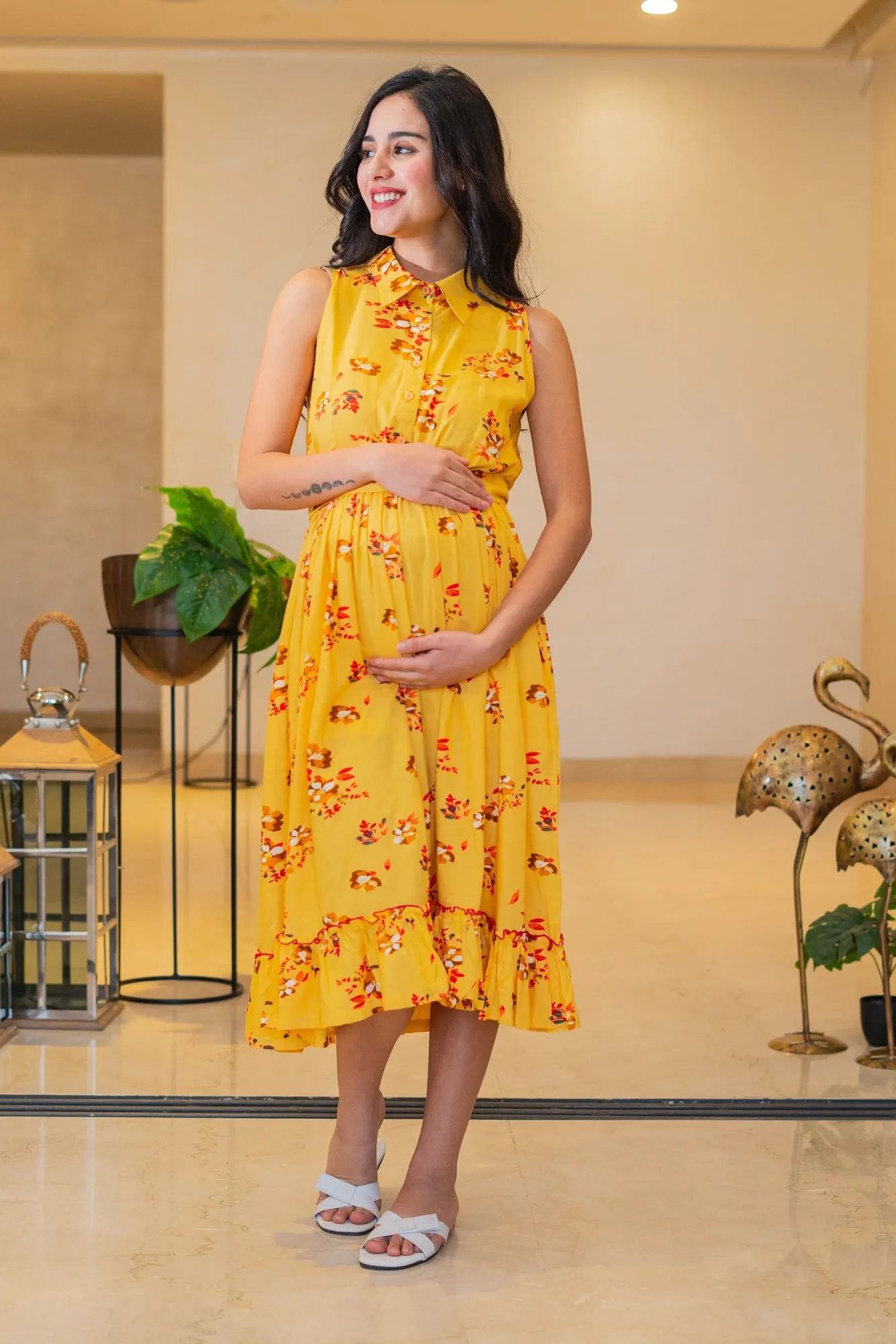 Classic Saffron Maternity & Nursing Frill Dress