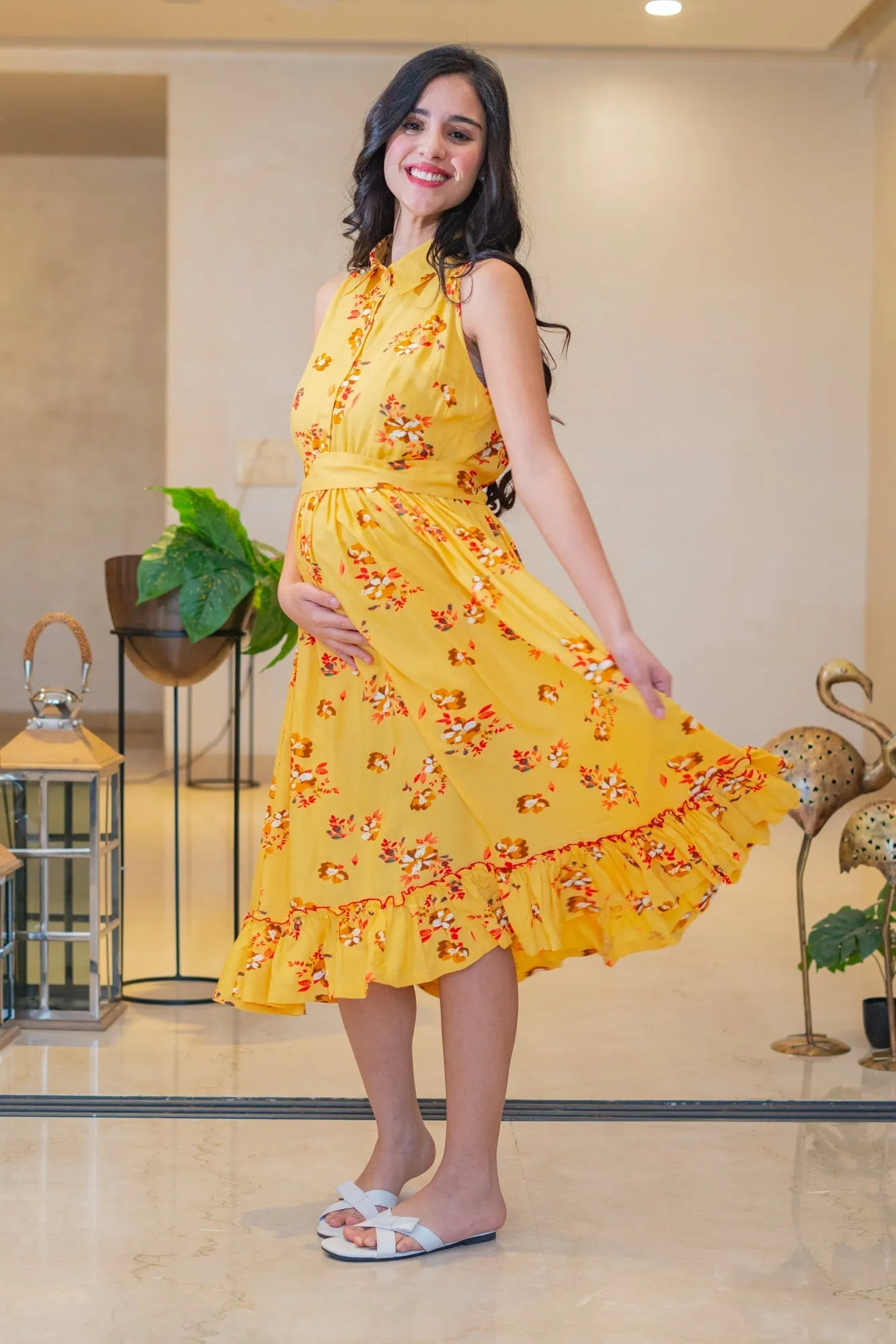 Classic Saffron Maternity & Nursing Frill Dress