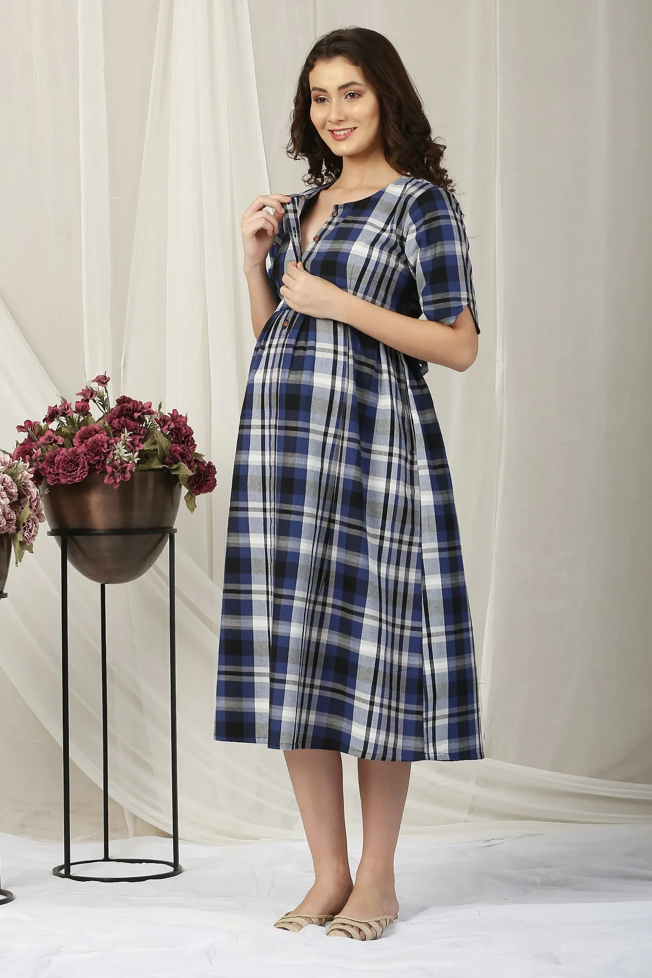 Classy Blue Plaid Maternity & Nursing Dress