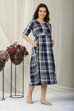 Classy Blue Plaid Maternity & Nursing Dress