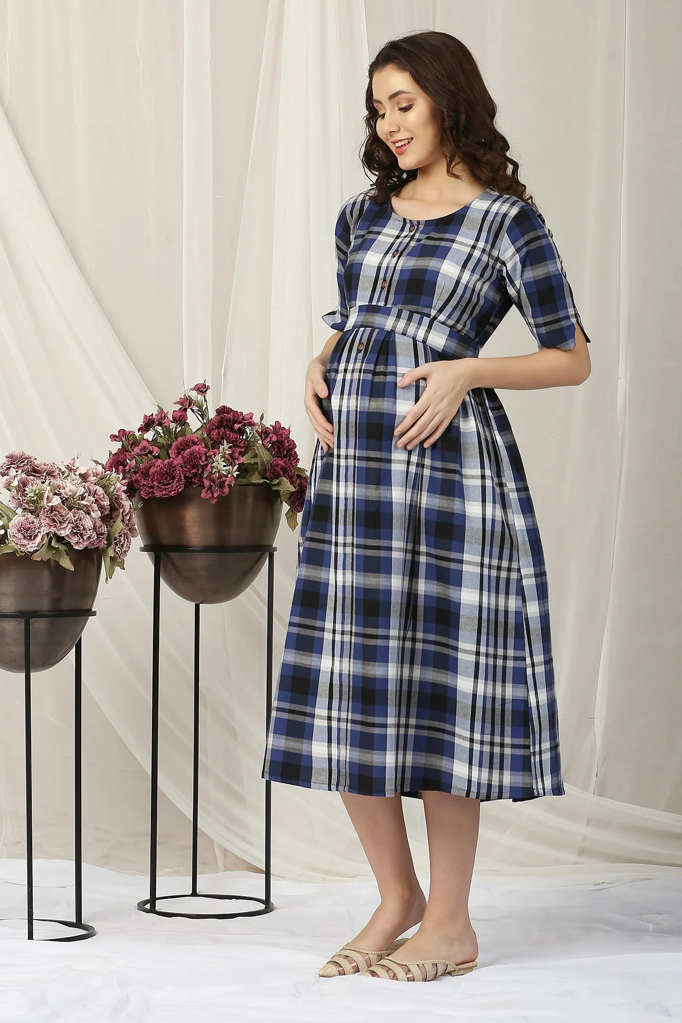 Classy Blue Plaid Maternity & Nursing Dress