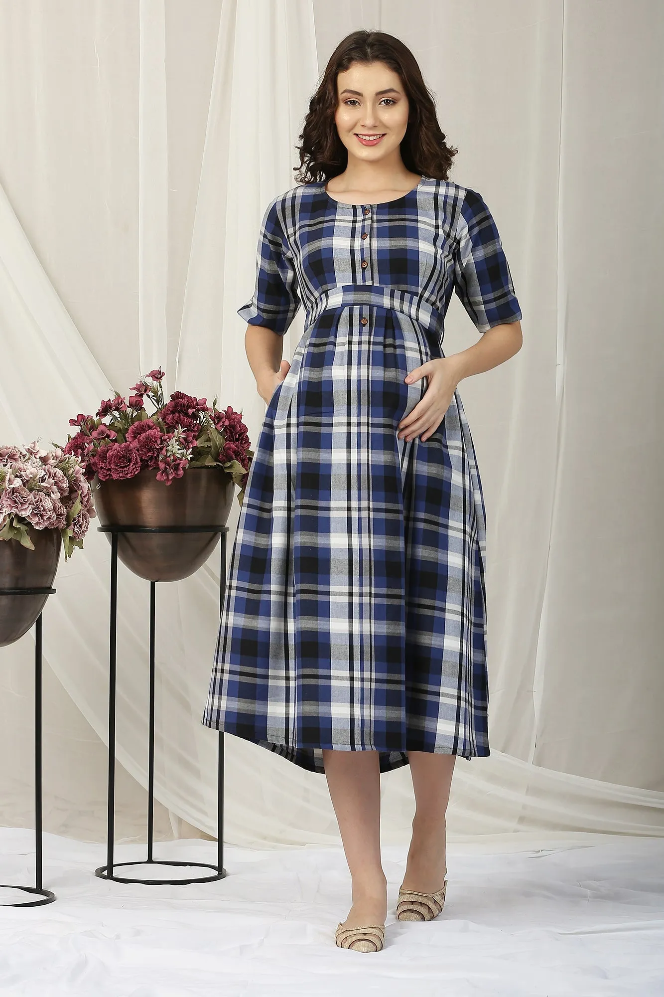 Classy Blue Plaid Maternity & Nursing Dress