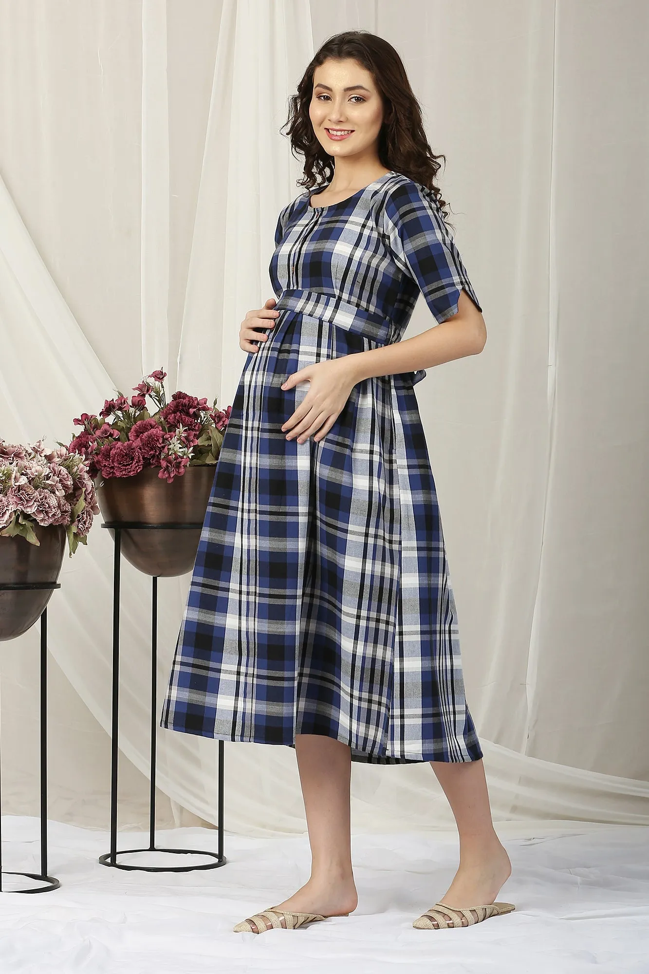 Classy Blue Plaid Maternity & Nursing Dress