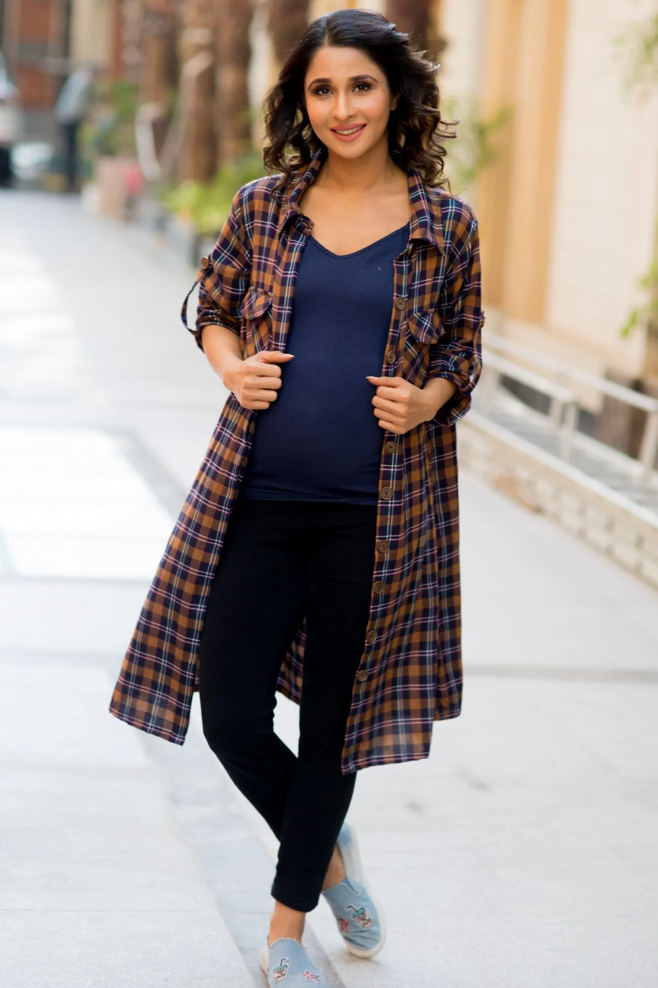 Coffee Brown Plaid Maternity & Nursing Shirt Dress