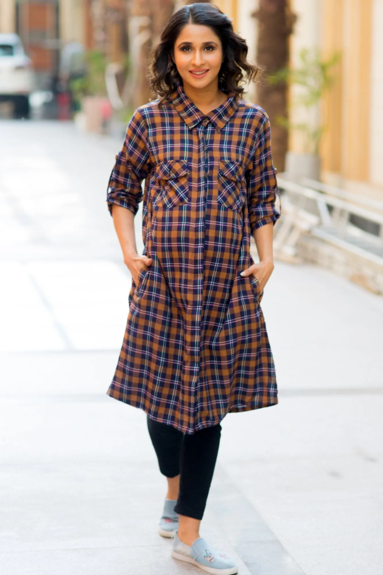 Coffee Brown Plaid Maternity & Nursing Shirt Dress