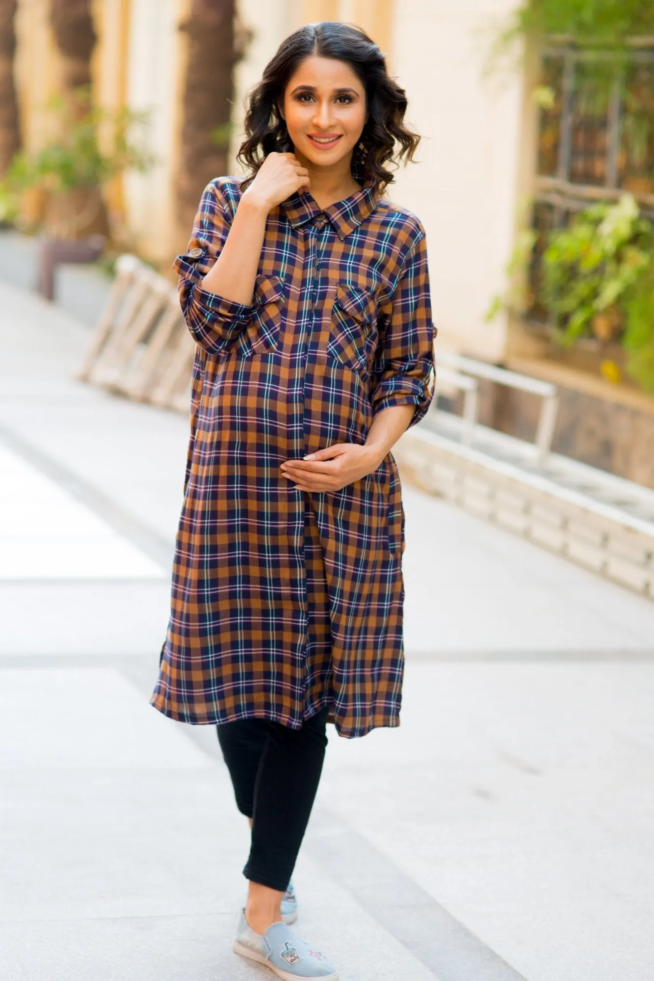 Coffee Brown Plaid Maternity & Nursing Shirt Dress