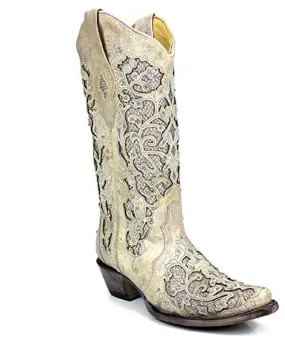 Corral Women's White Glitter Inlay Snip Toe Boot