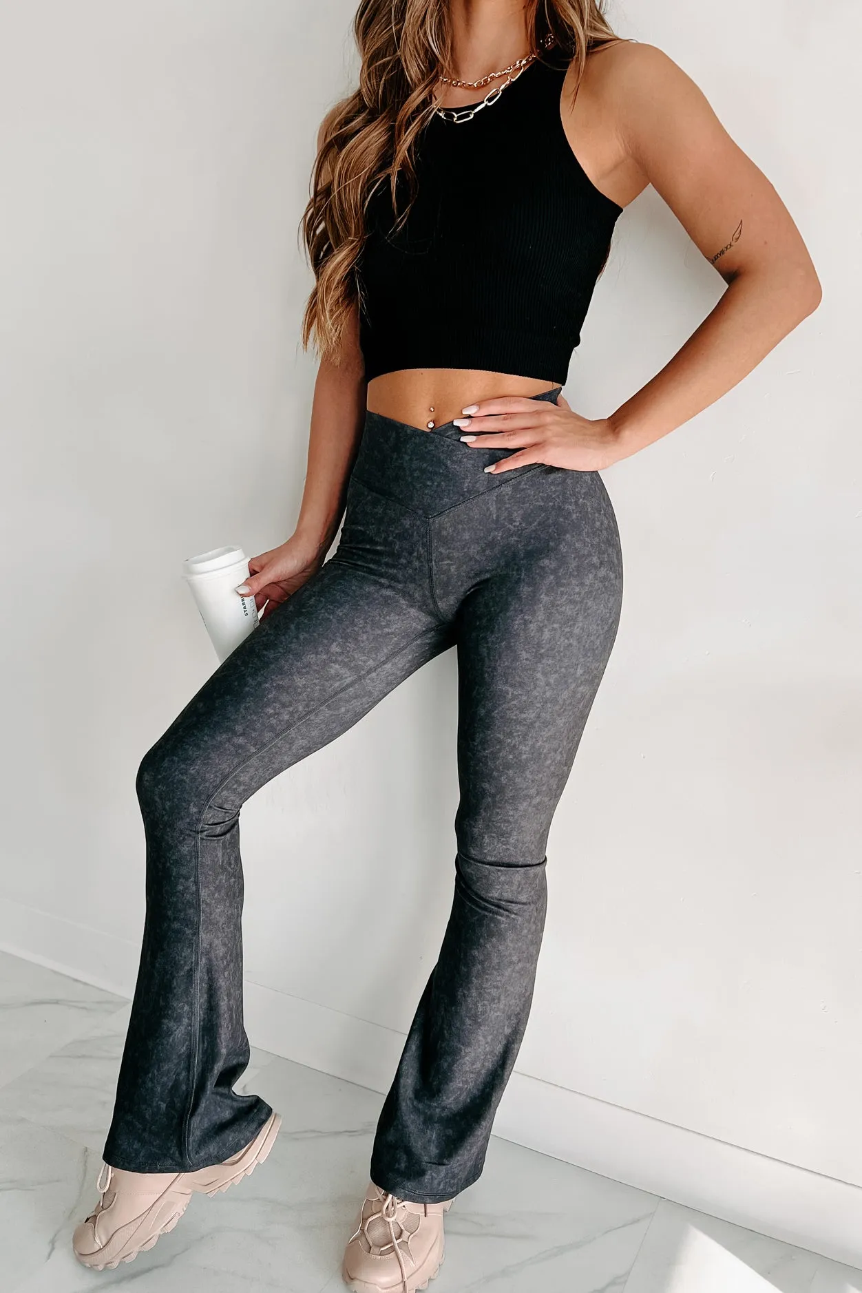 Craving Comfort Mineral Washed Cross-Over Flared Leggings (Black)