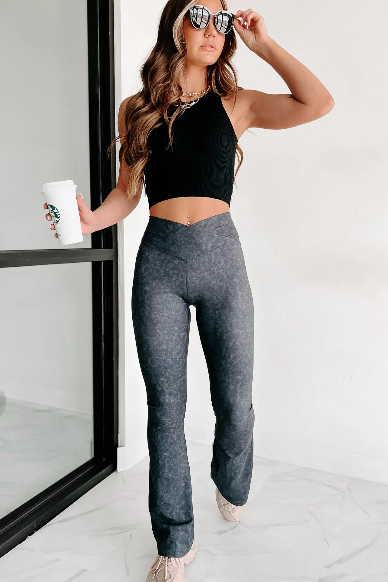 Craving Comfort Mineral Washed Cross-Over Flared Leggings (Black)