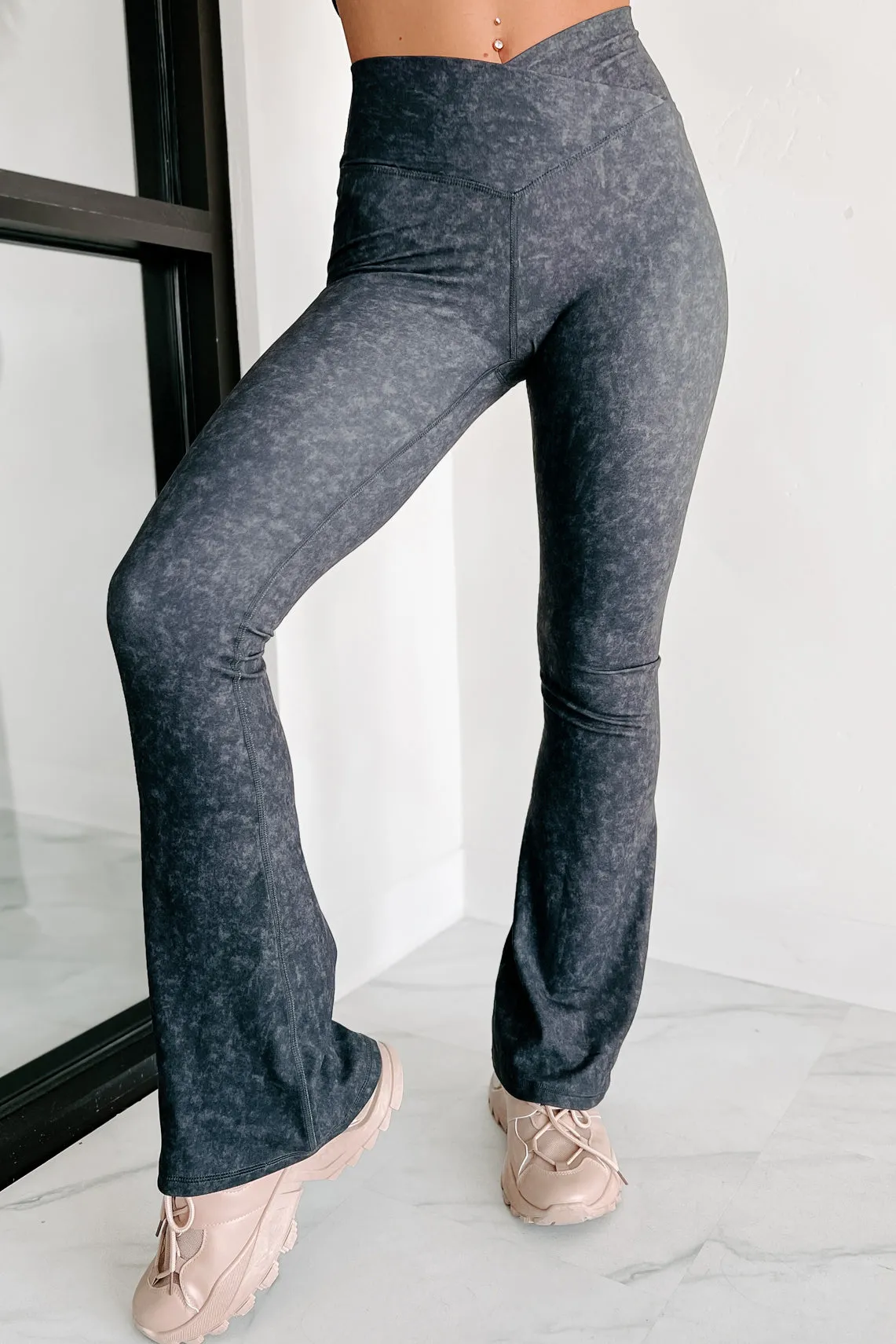 Craving Comfort Mineral Washed Cross-Over Flared Leggings (Black)