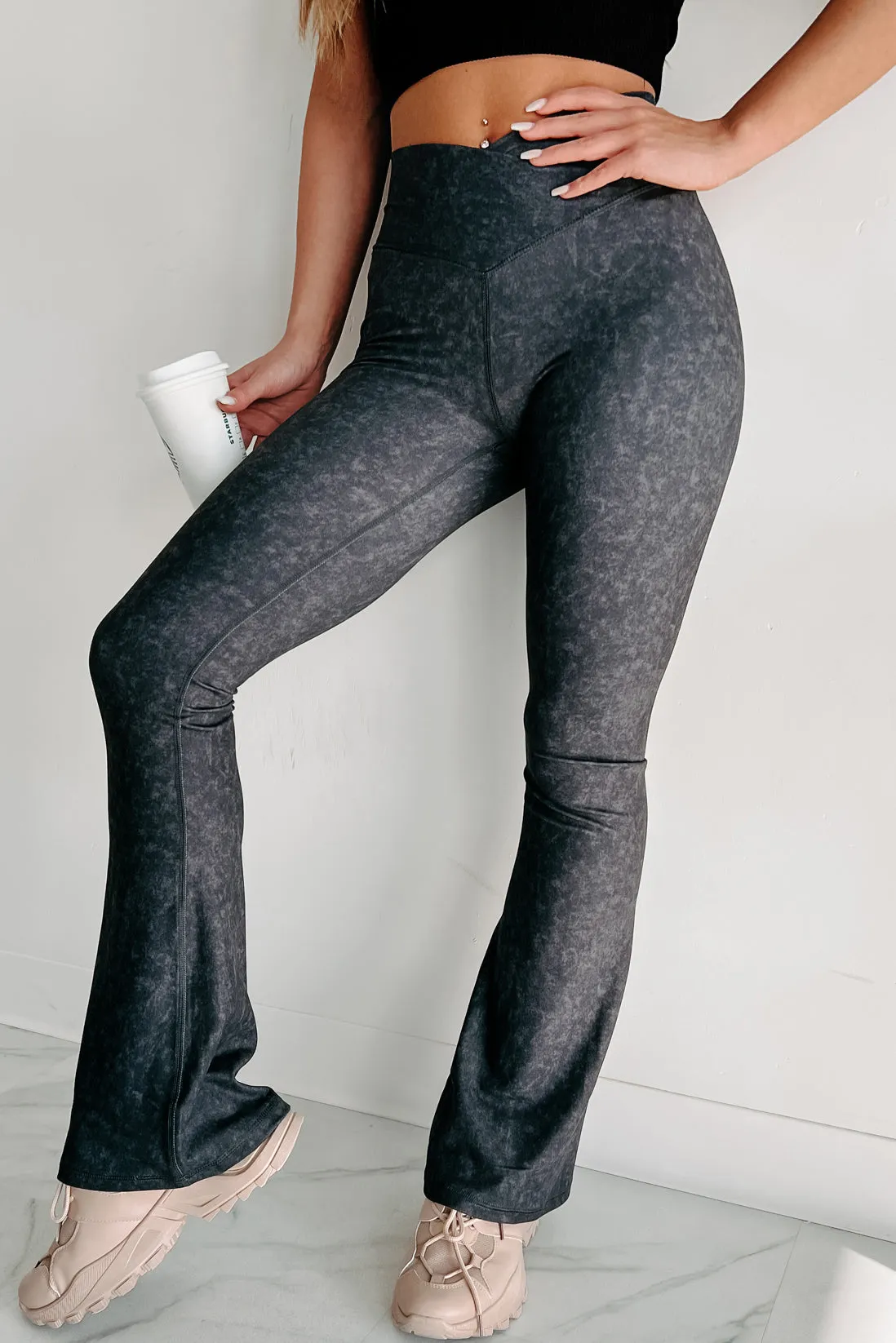 Craving Comfort Mineral Washed Cross-Over Flared Leggings (Black)