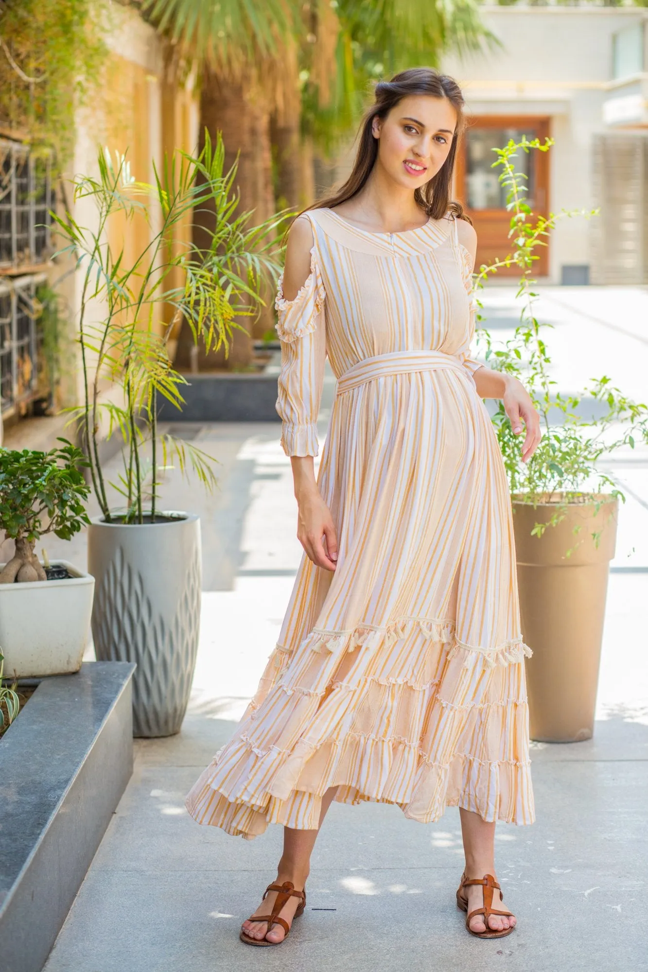 Cute Boho Mustard Frill Maternity & Nursing Maxi