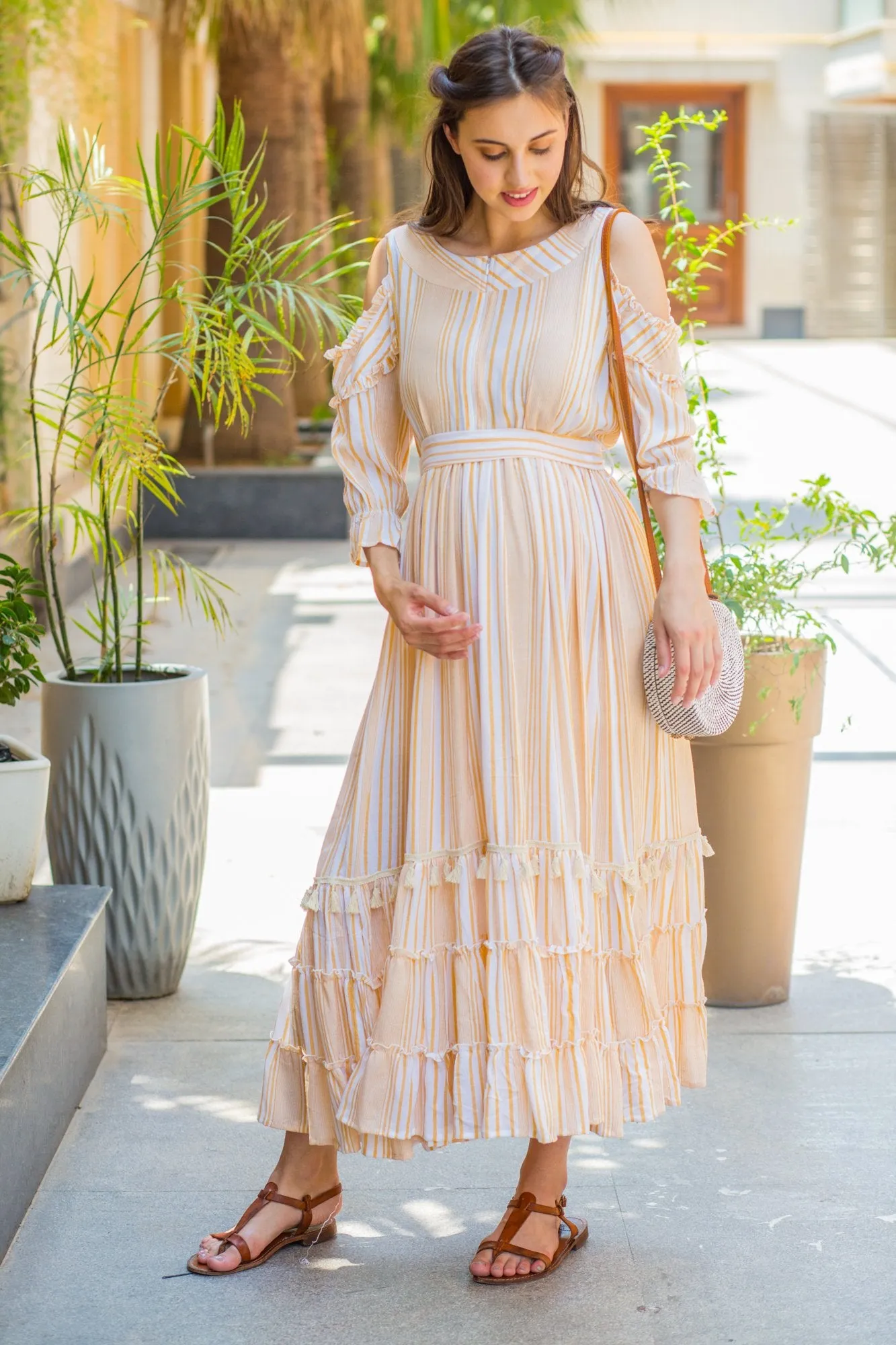 Cute Boho Mustard Frill Maternity & Nursing Maxi