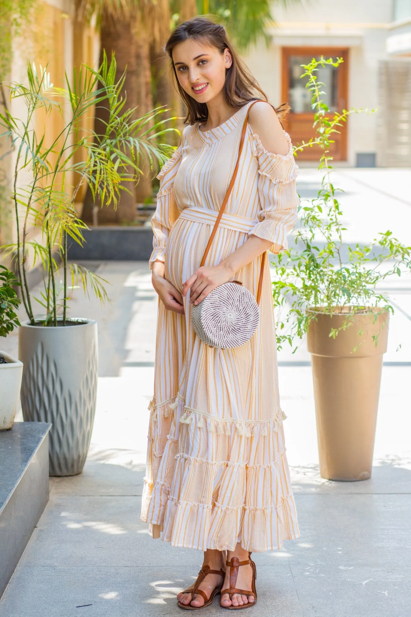 Cute Boho Mustard Frill Maternity & Nursing Maxi