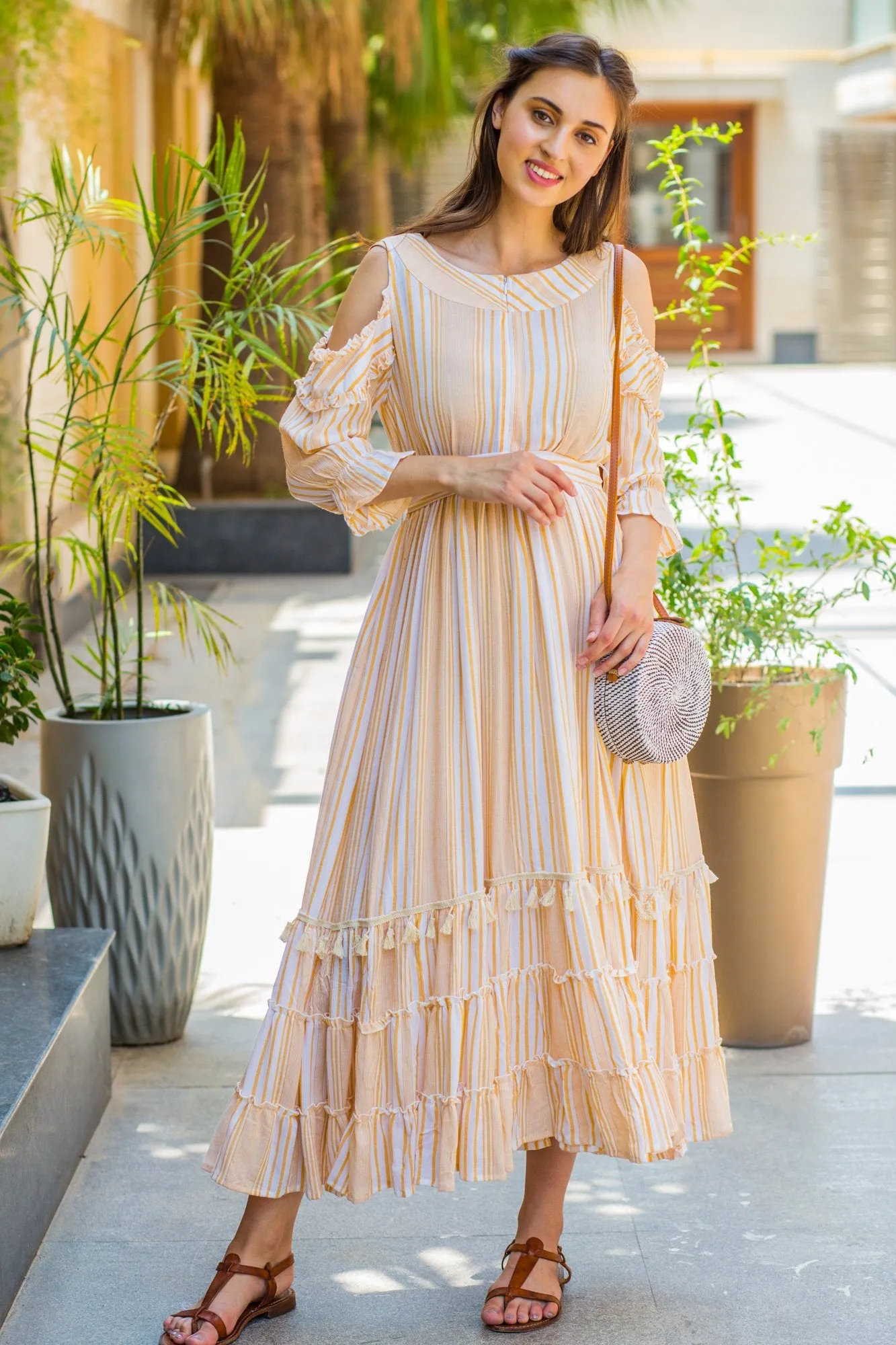 Cute Boho Mustard Frill Maternity & Nursing Maxi