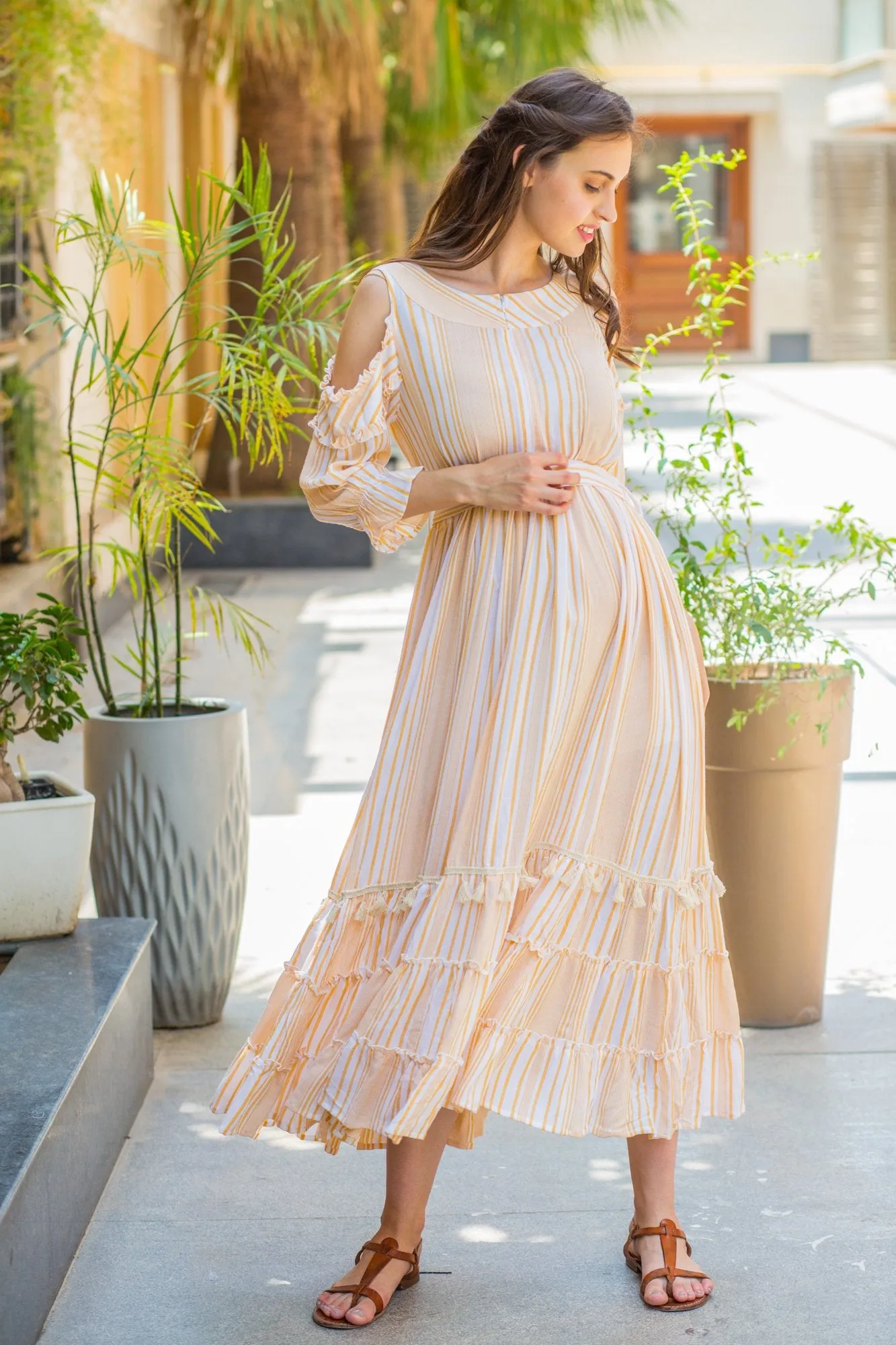 Cute Boho Mustard Frill Maternity & Nursing Maxi