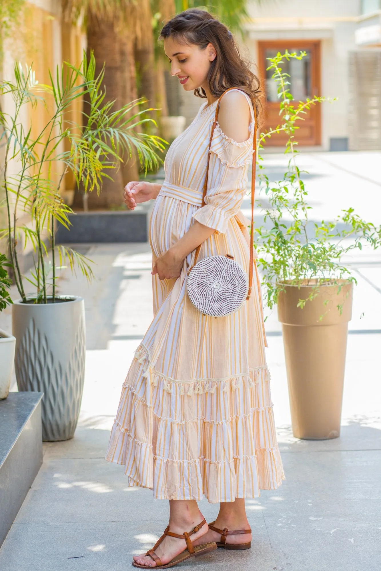 Cute Boho Mustard Frill Maternity & Nursing Maxi