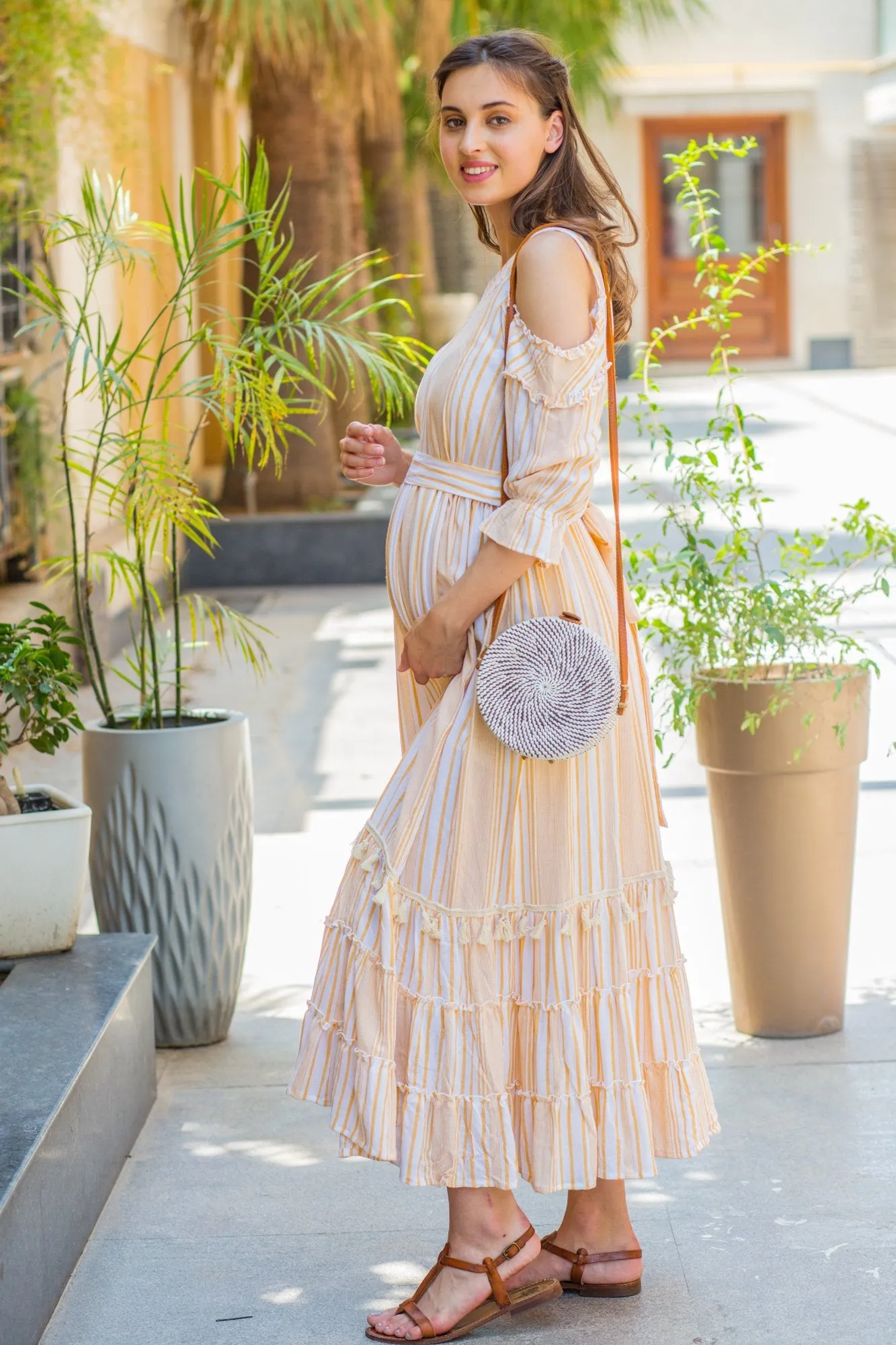 Cute Boho Mustard Frill Maternity & Nursing Maxi